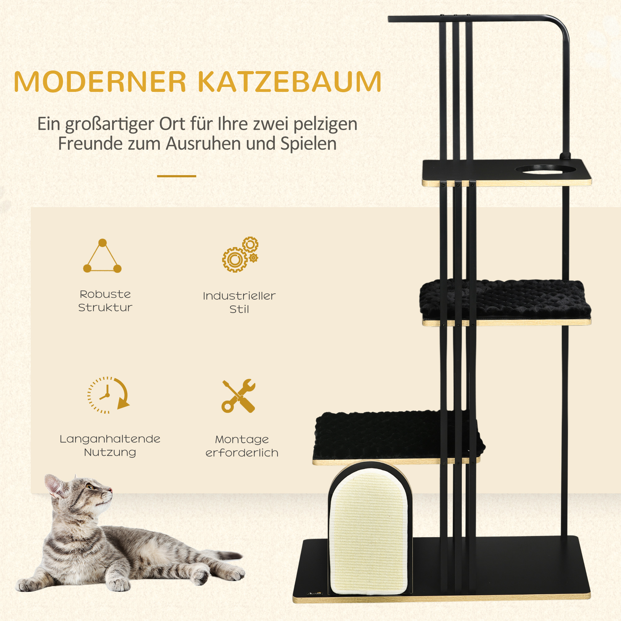 Kassipuu, industrial design, 3 platvormi, 2 lamamispadjad, kraapimissein, terasraam, must, 85 x 48 x 170 cm