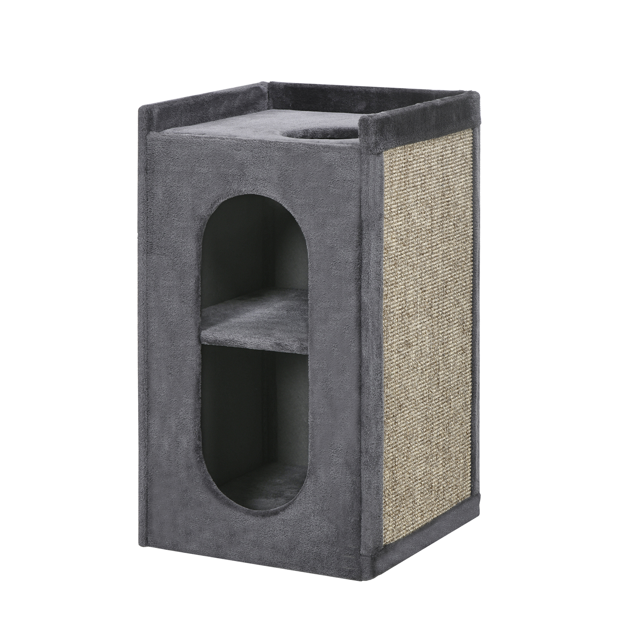 Kasside kraapimistorn 2 peidupaiga, 1 lamamispinna, sisalmati, hall / naturaalne, 45 x 45 x 81 cm
