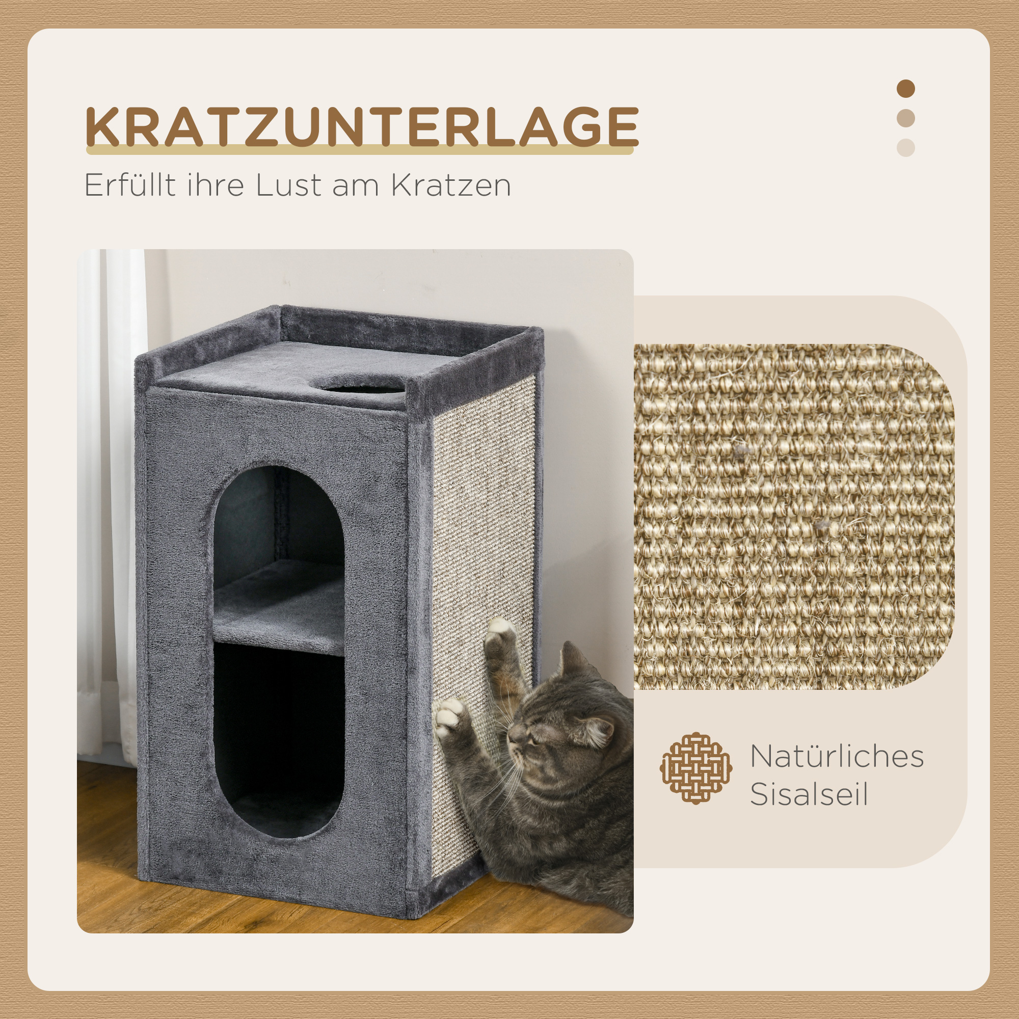 Kasside kraapimistorn 2 peidupaiga, 1 lamamispinna, sisalmati, hall / naturaalne, 45 x 45 x 81 cm
