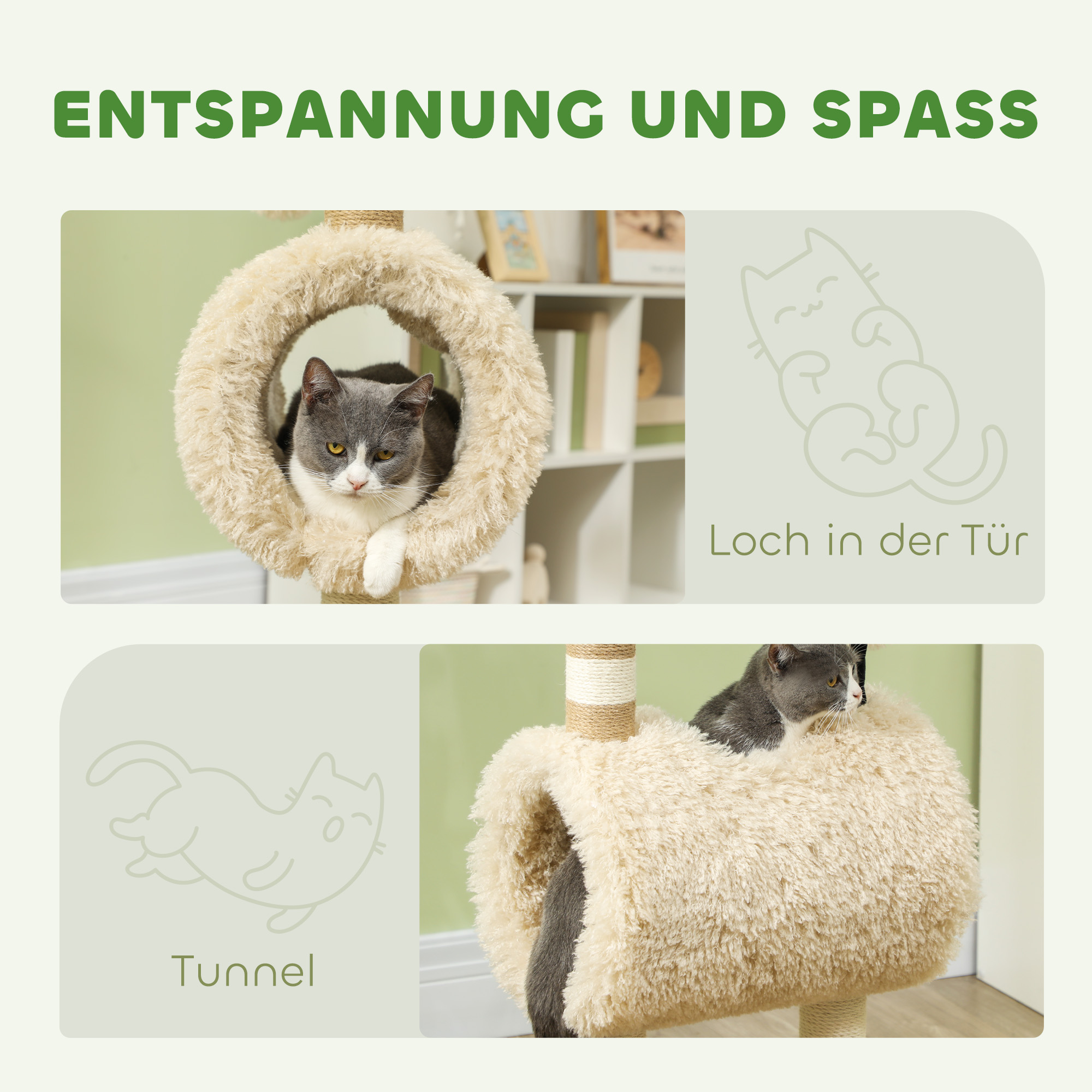 Kassipuu lamba disainiga, kraapimispostide, tunneli ja mänguasjaga, 98 cm, helepruun