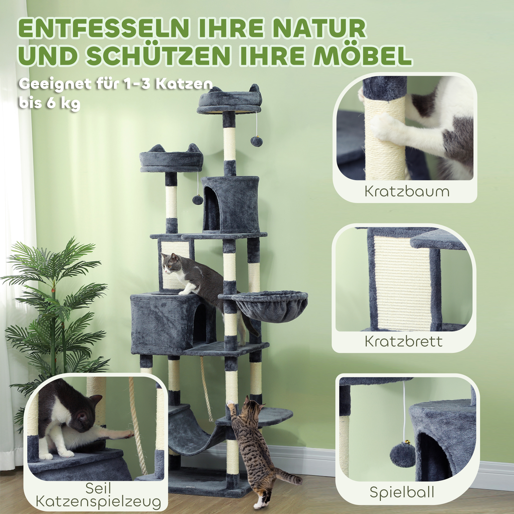 Kassitorn kahe majakese ja 2 ripptooliga, 206 cm, tumehall