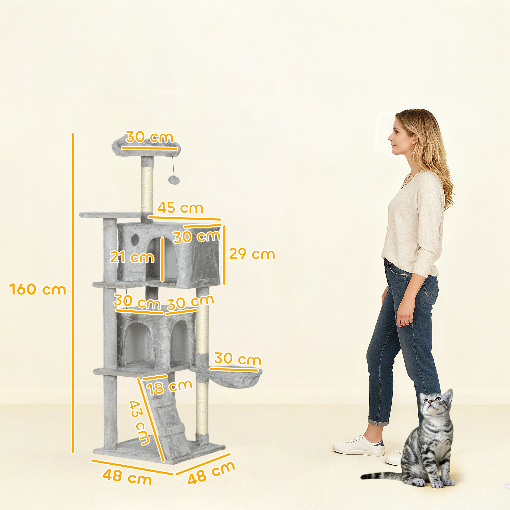 160 cm kassipuu, mitme tasapinnaga, helehall ja kreemvalge