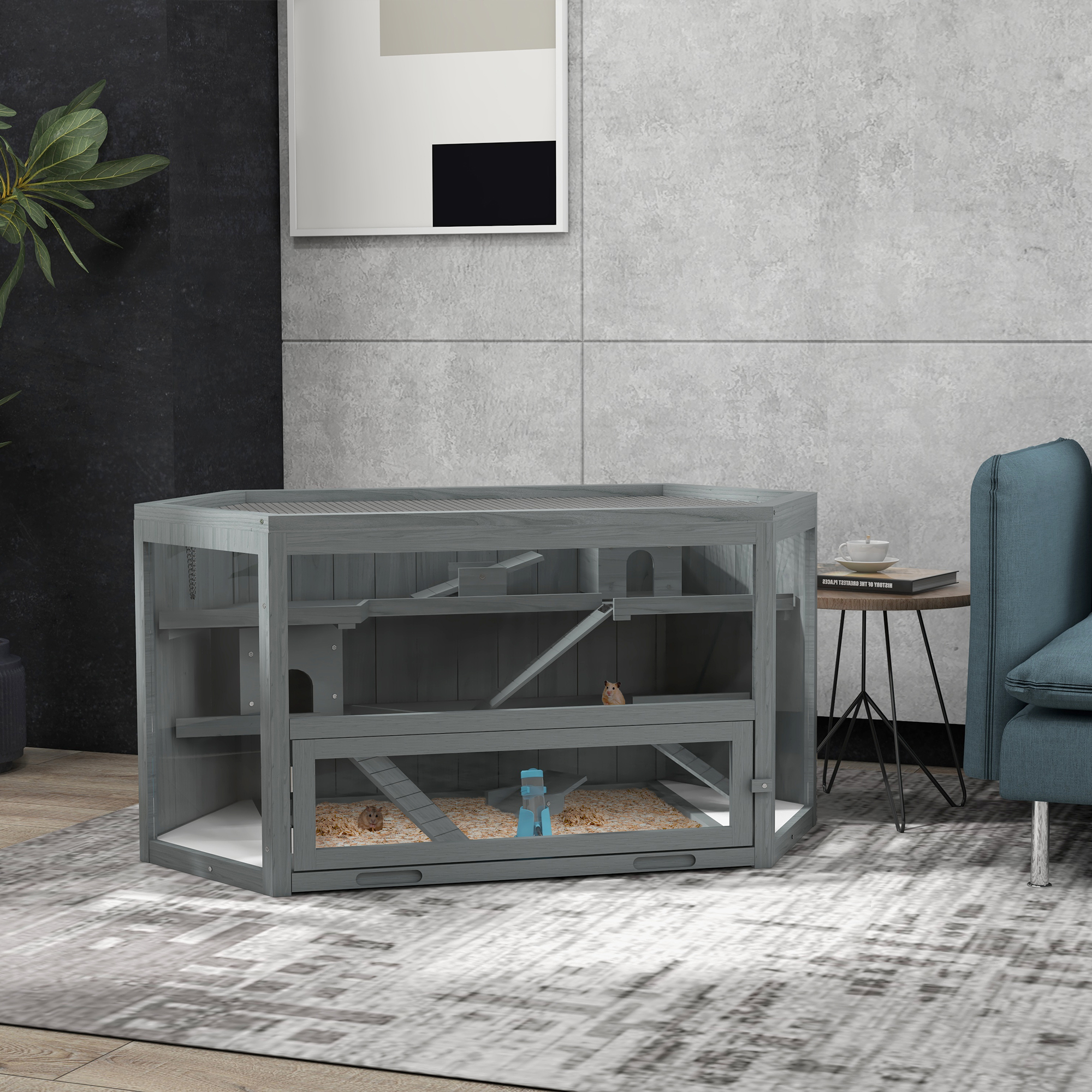 Hamstriküün, 3 korrust, eemaldatav alusplaat, puit/metall, hall, 115 x 60 x 55 cm