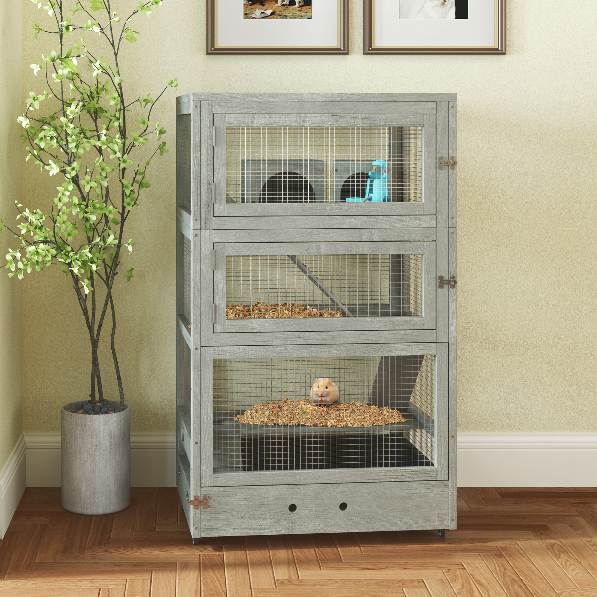 4-korruseline puidust hamstri puur, hall, 65 x 45 x 109 cm