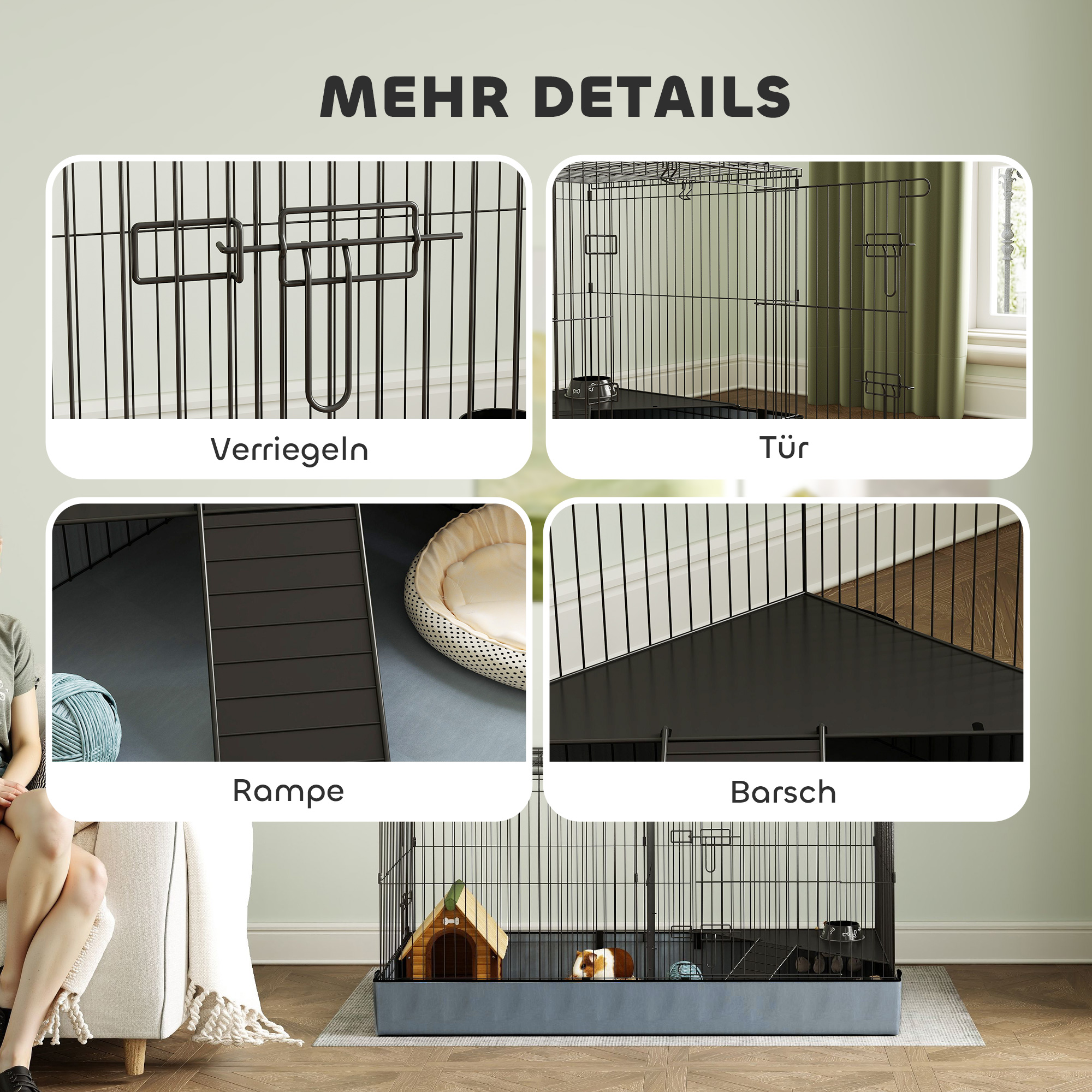 2-in-1 väike loom puur, must / hall, 121 x 61 x 61 cm