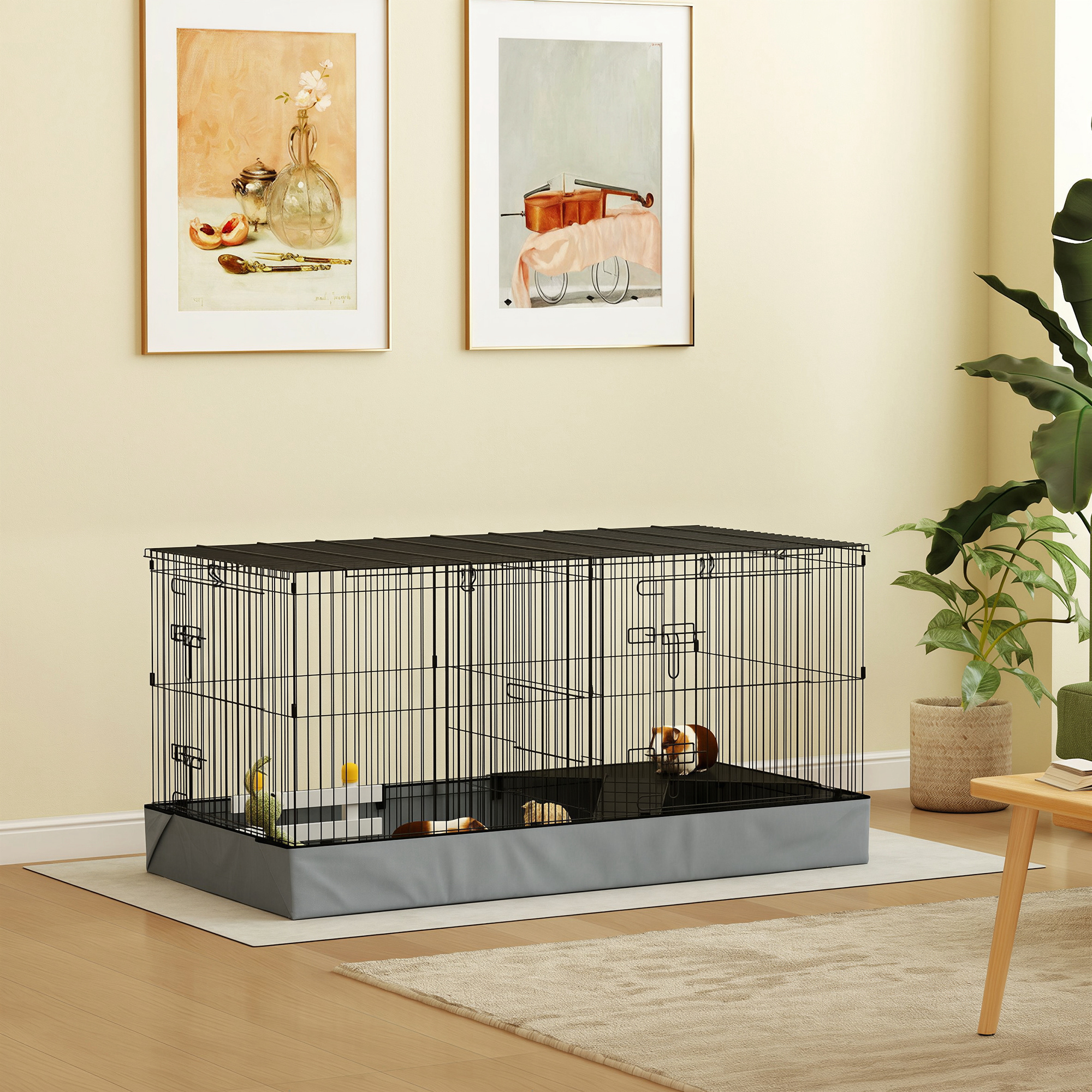 2-in-1 väike loom puur, must / hall, 121 x 61 x 61 cm