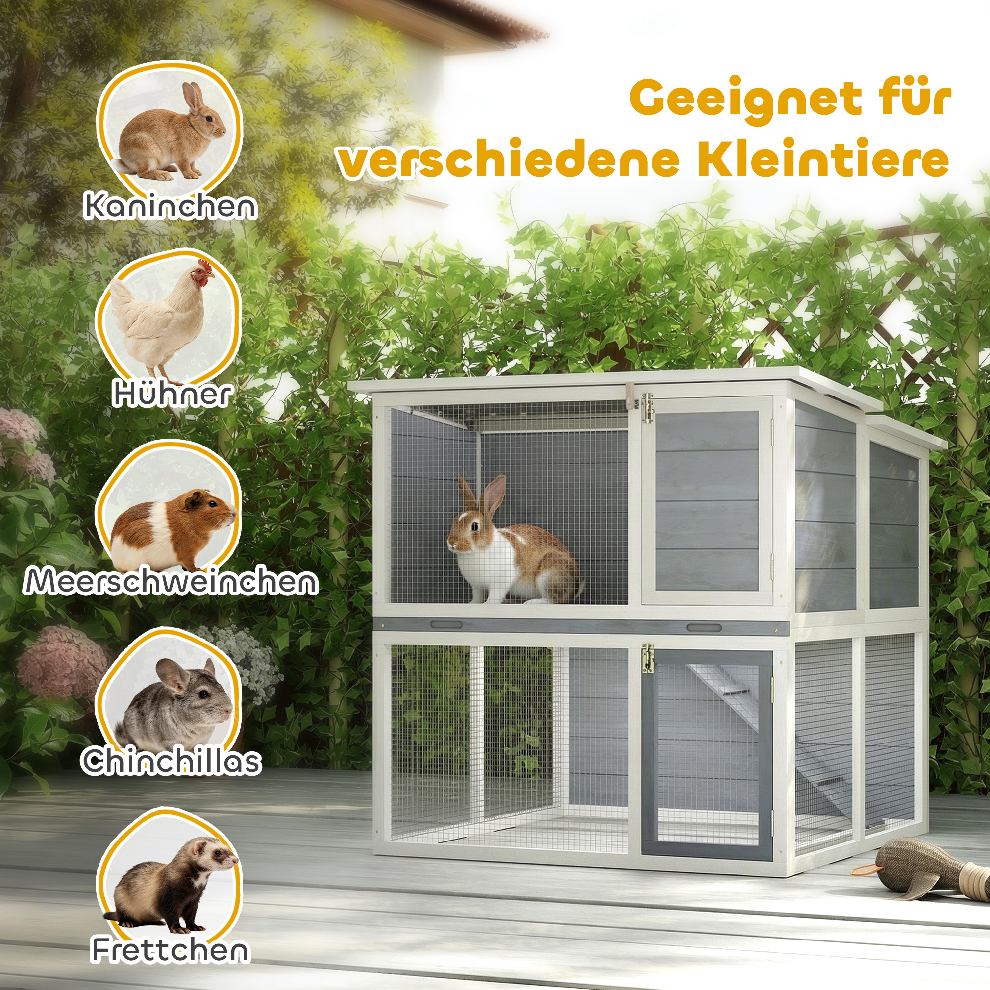 Kahekorruseline küülikupuuri, puidust, hall, 98 x 95 x 102,5 cm