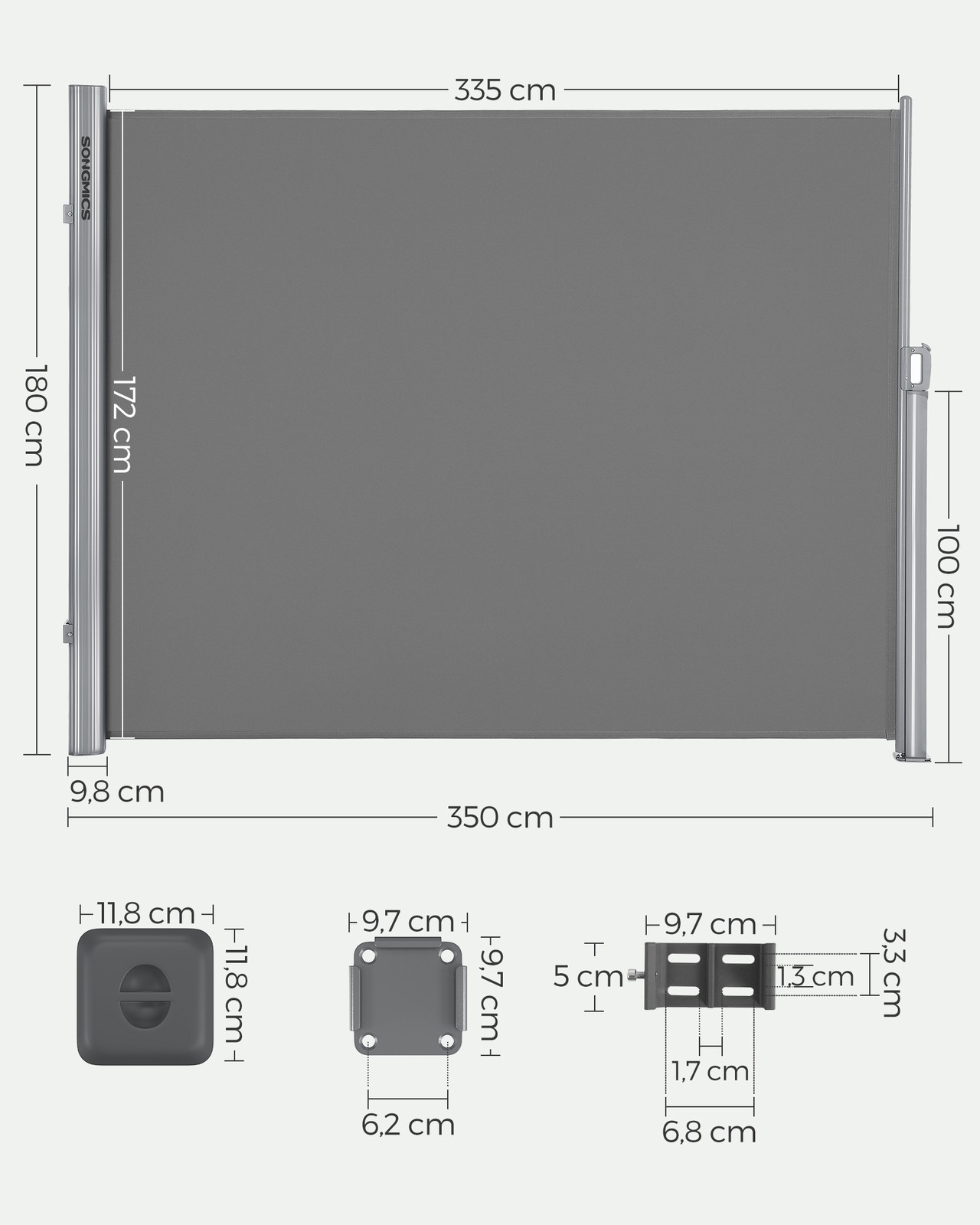 Väljatõmmatav külgmarkiis rõdule ja terrassile, hall, 1,8 x 3,5 m, alumiinium, PU-kattega