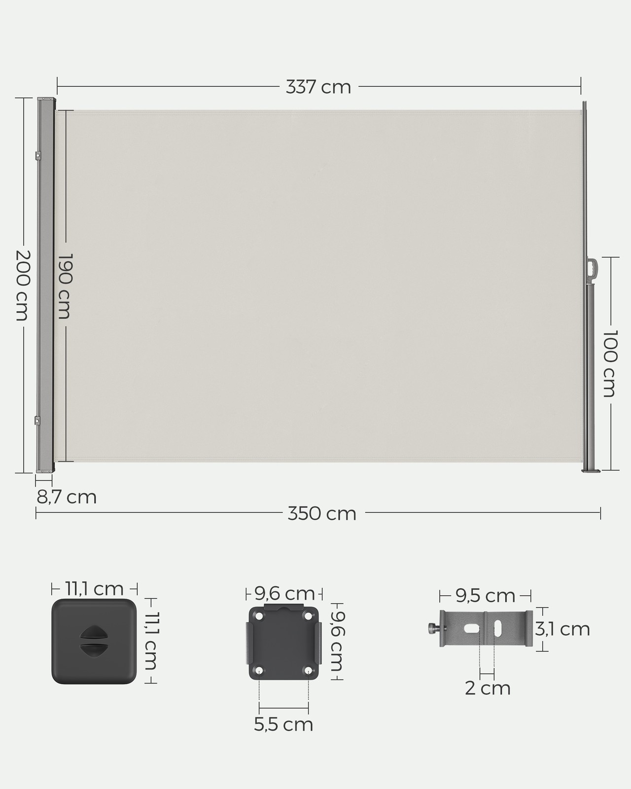 Väljatõmmatav külgmarkiis, 200 x 350 cm, beež, metall ja polüester