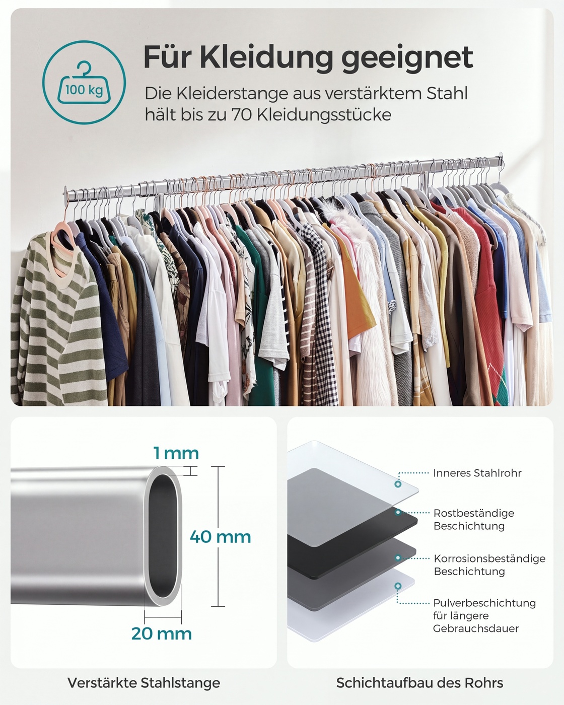 Ratastega riidestange, metallist, kokkupandav, 92-132 x 160 x 45,4 cm, 90 kg