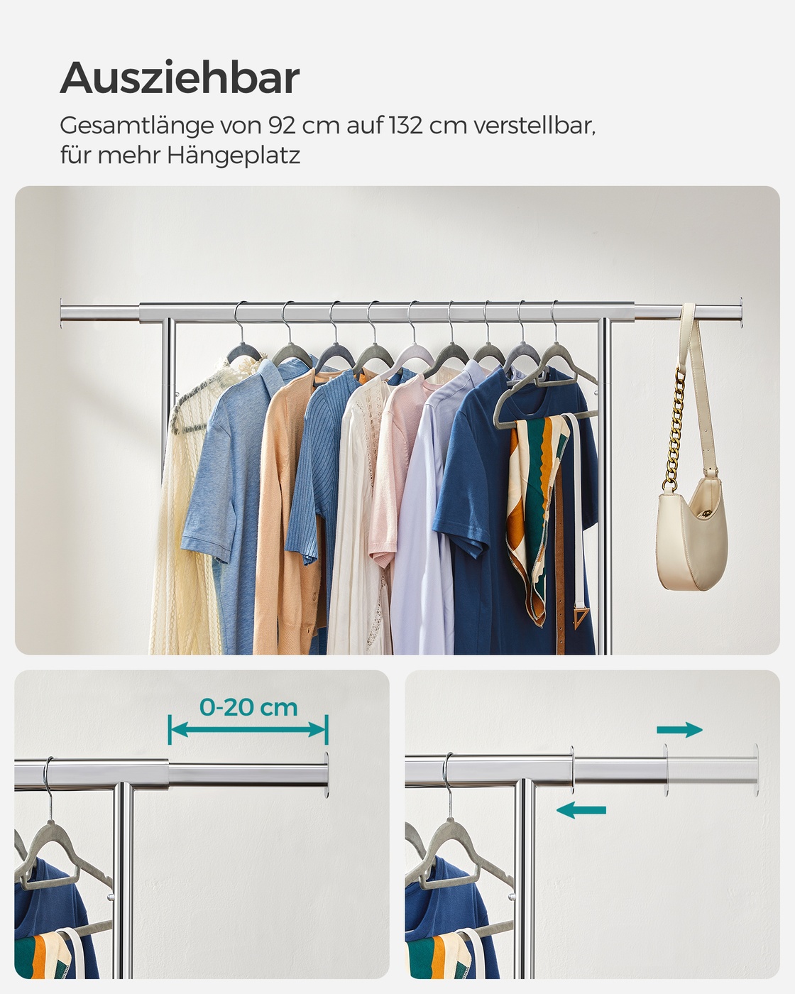 Ratastega riidestange, metallist, kokkupandav, 92-132 x 160 x 45,4 cm, 90 kg