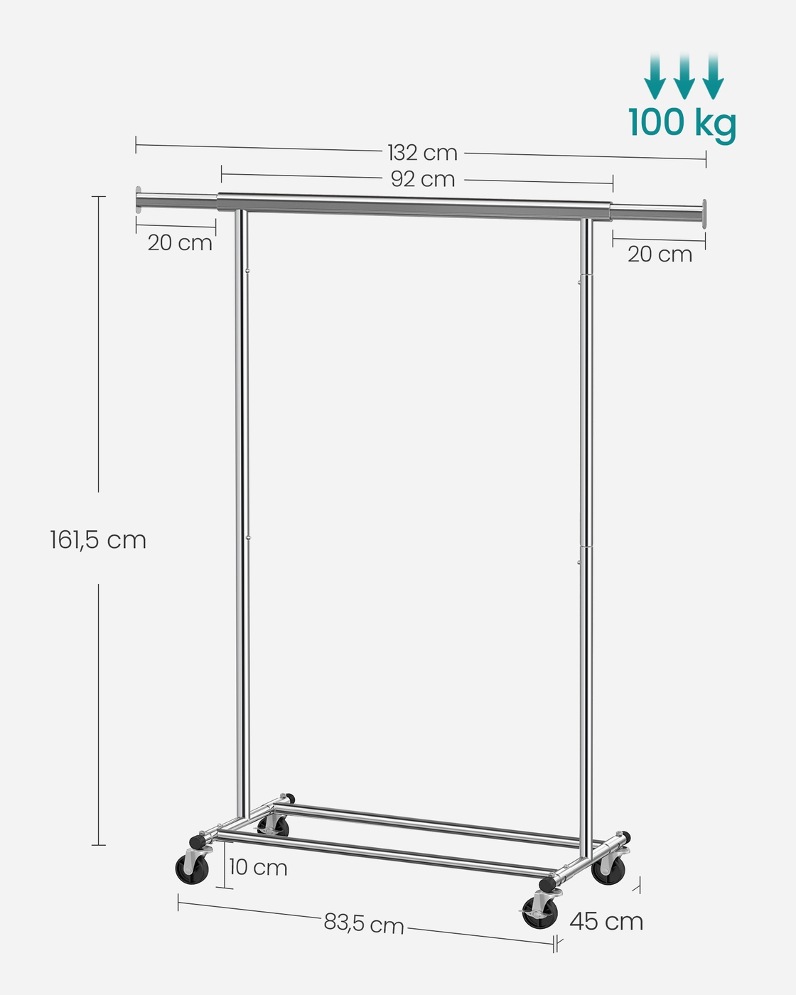 Ratastega riidestange, metallist, kokkupandav, 92-132 x 160 x 45,4 cm, 90 kg