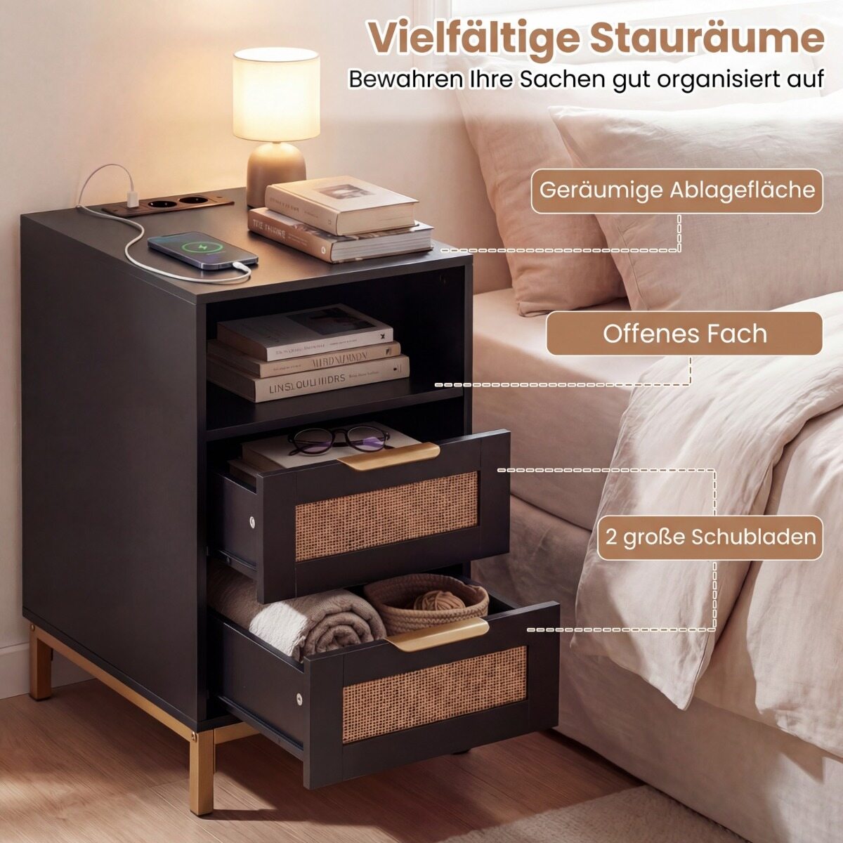 2-osa külglaudade komplekt laadimisjaamaga ja 2 sahtliga, öökapp rotangist ja puidust, must