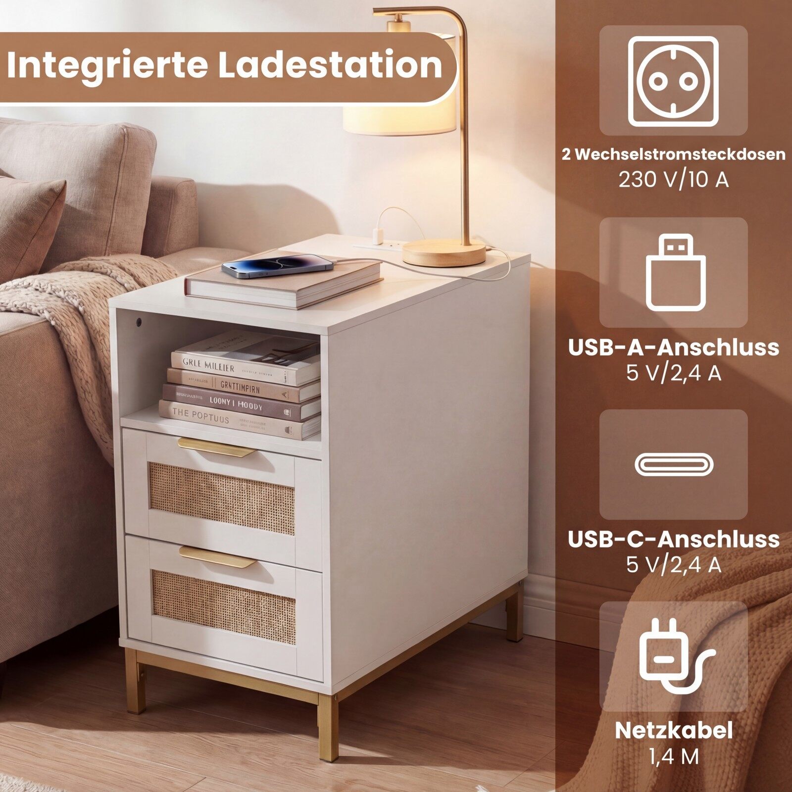 2-osaline öökapp laadimisjaamaga ja 2 sahtliga, rattan ja valge puit