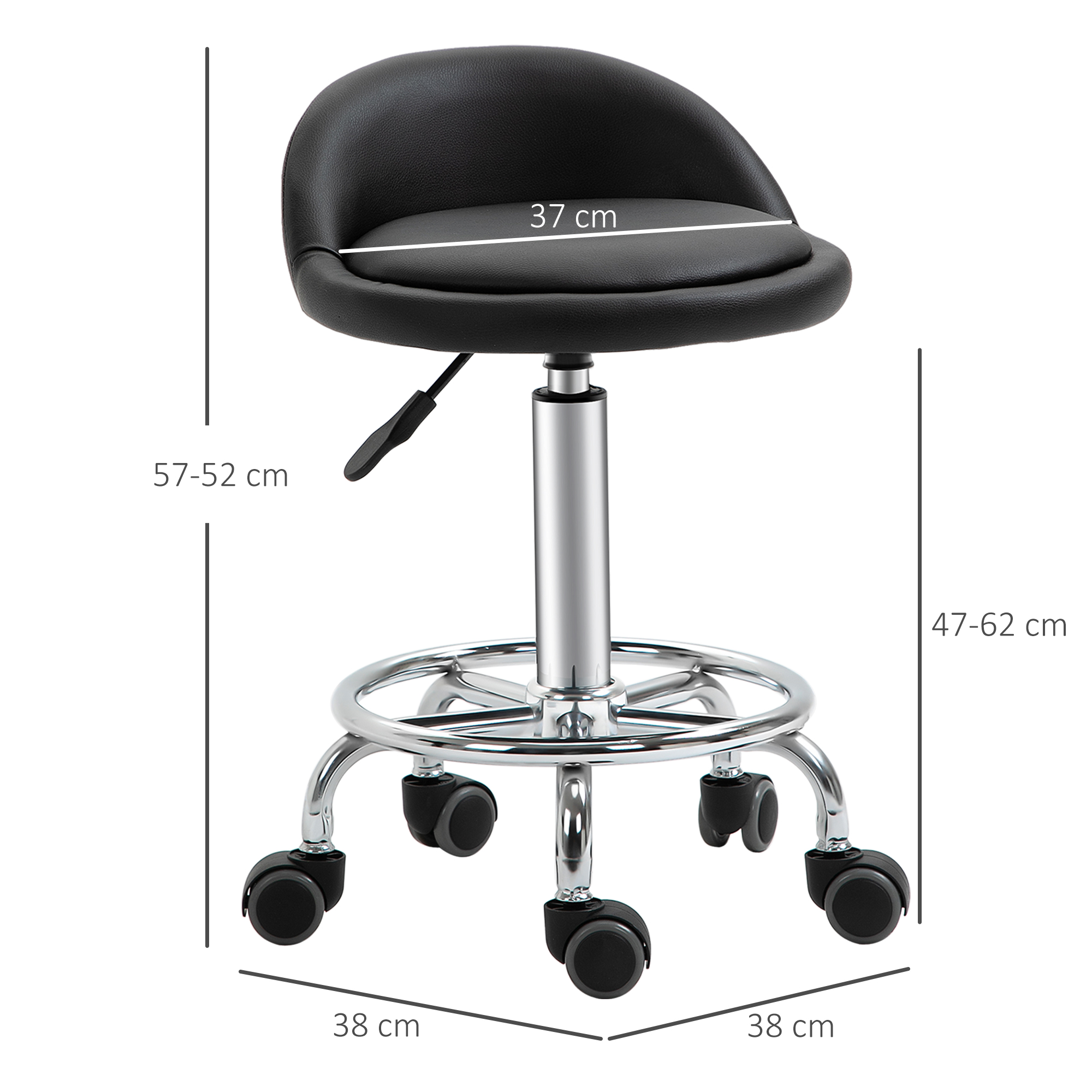 2 tk ratastel taburet seljatoega, must, 57-72 cm