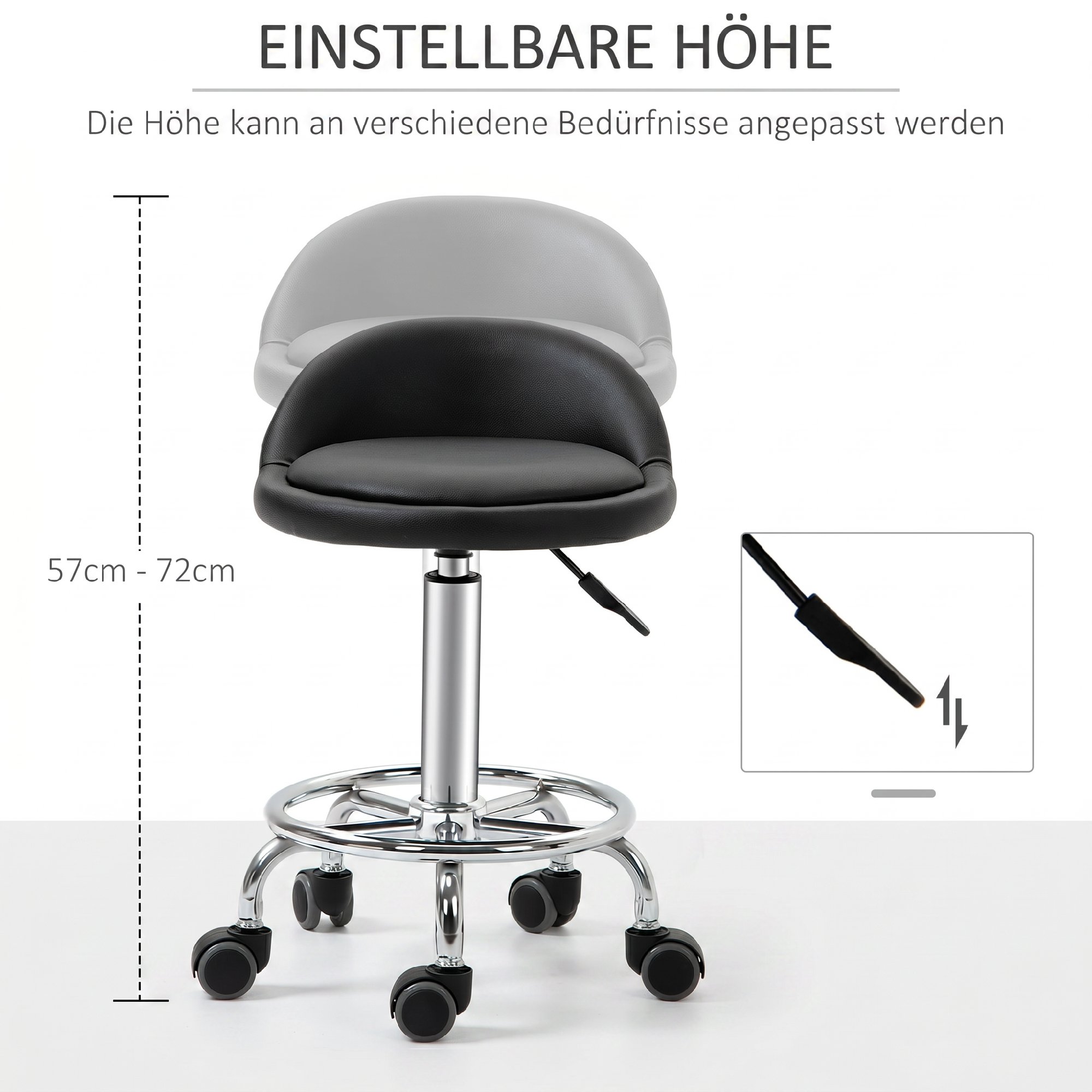 2 tk ratastel taburet seljatoega, must, 57-72 cm