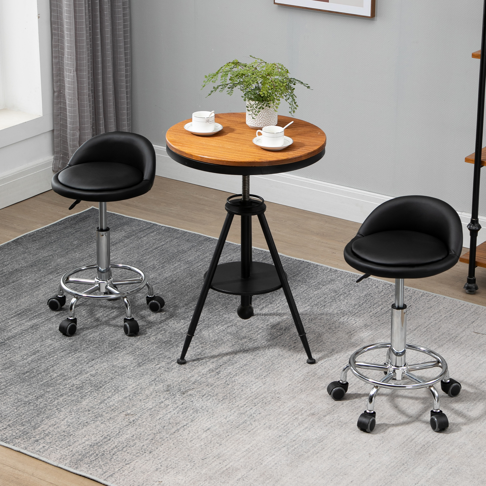2 tk ratastel taburet seljatoega, must, 57-72 cm