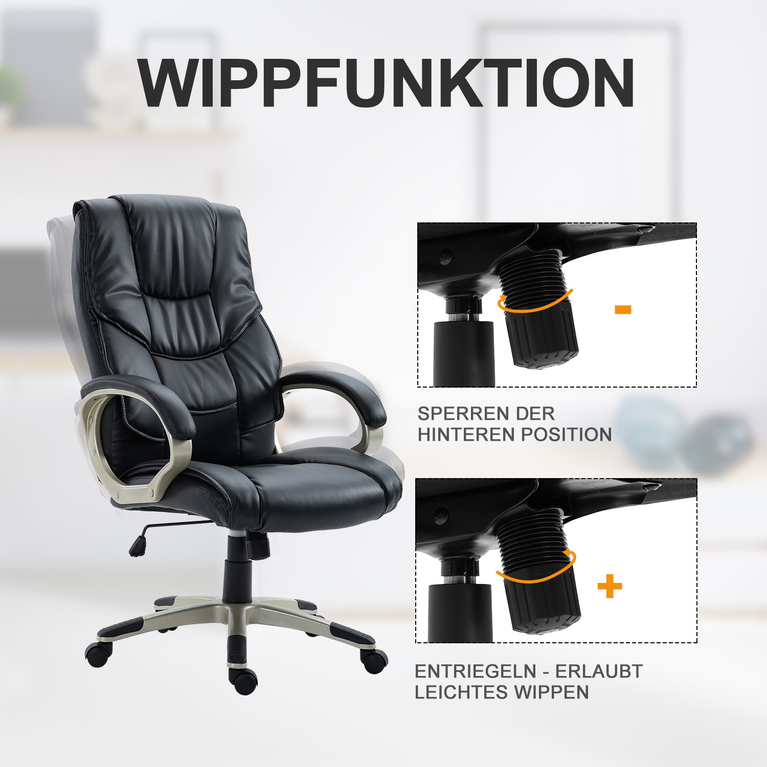 Kontoritool kiigufunktsiooniga, must, PU-nahk, 70 x 58 x 114-124 cm