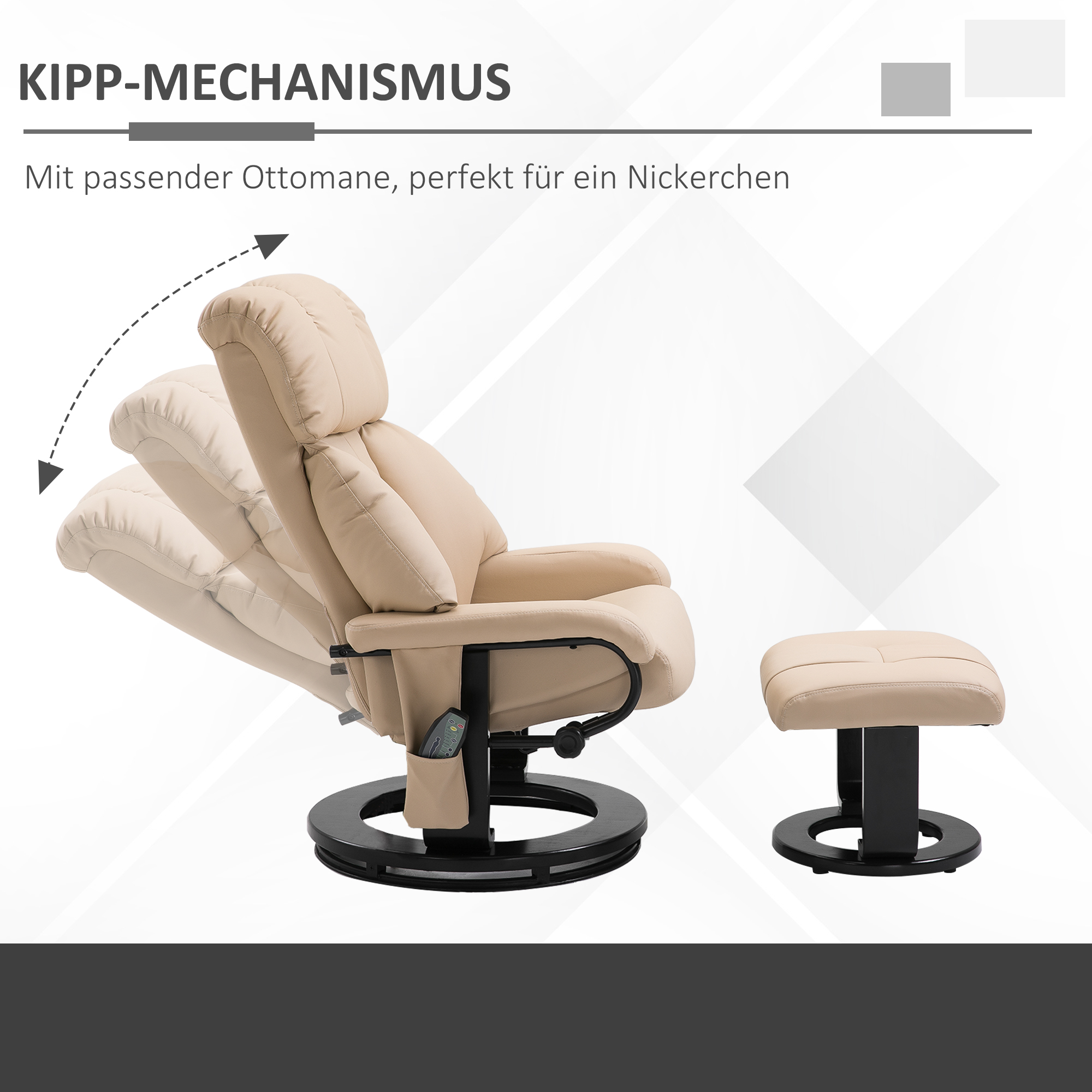 Masseeriv tugitool koos tumbaga, pöörlev, lamav, kreemvalge, kunstnahk