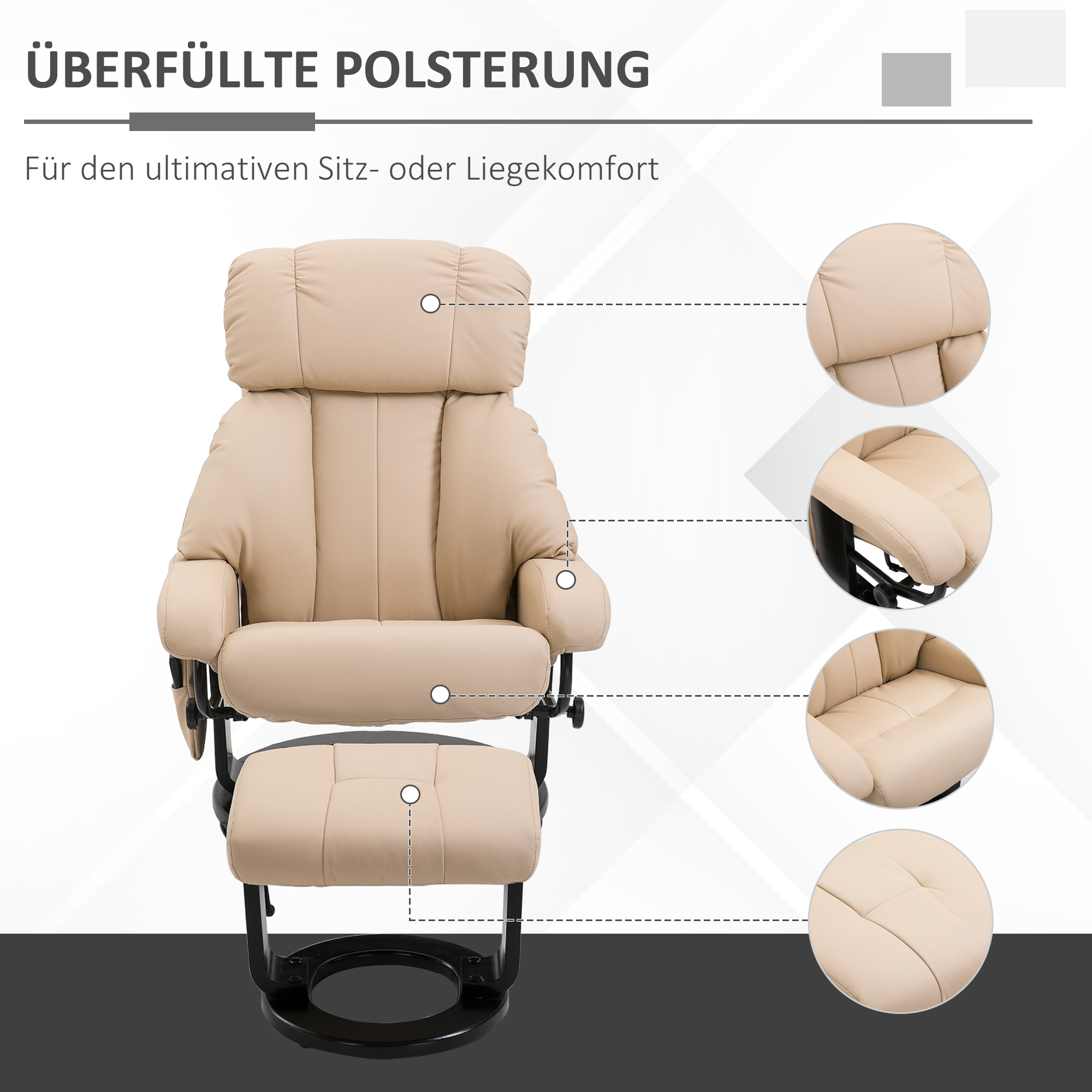 Masseeriv tugitool koos tumbaga, pöörlev, lamav, kreemvalge, kunstnahk