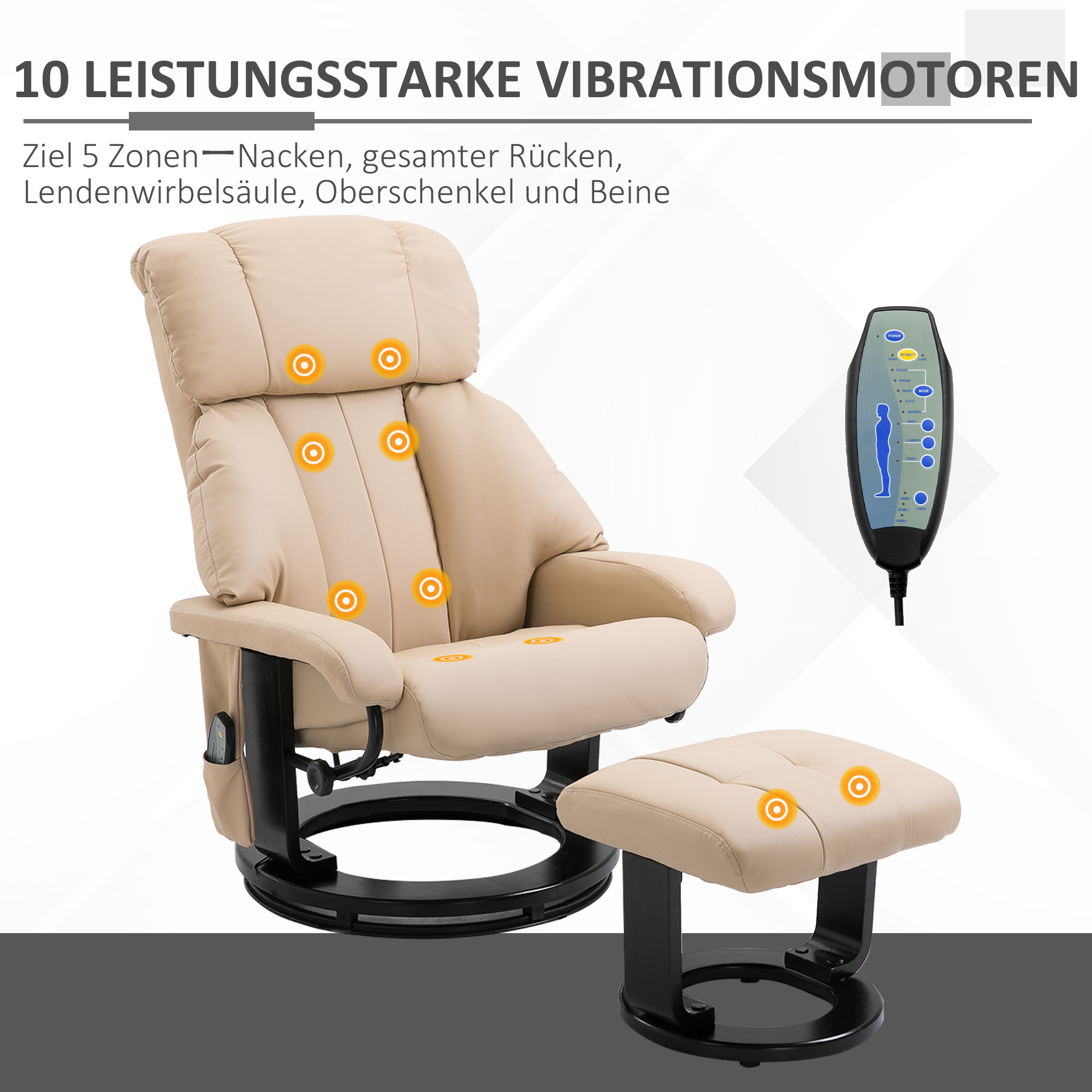 Masseeriv tugitool koos tumbaga, pöörlev, lamav, kreemvalge, kunstnahk