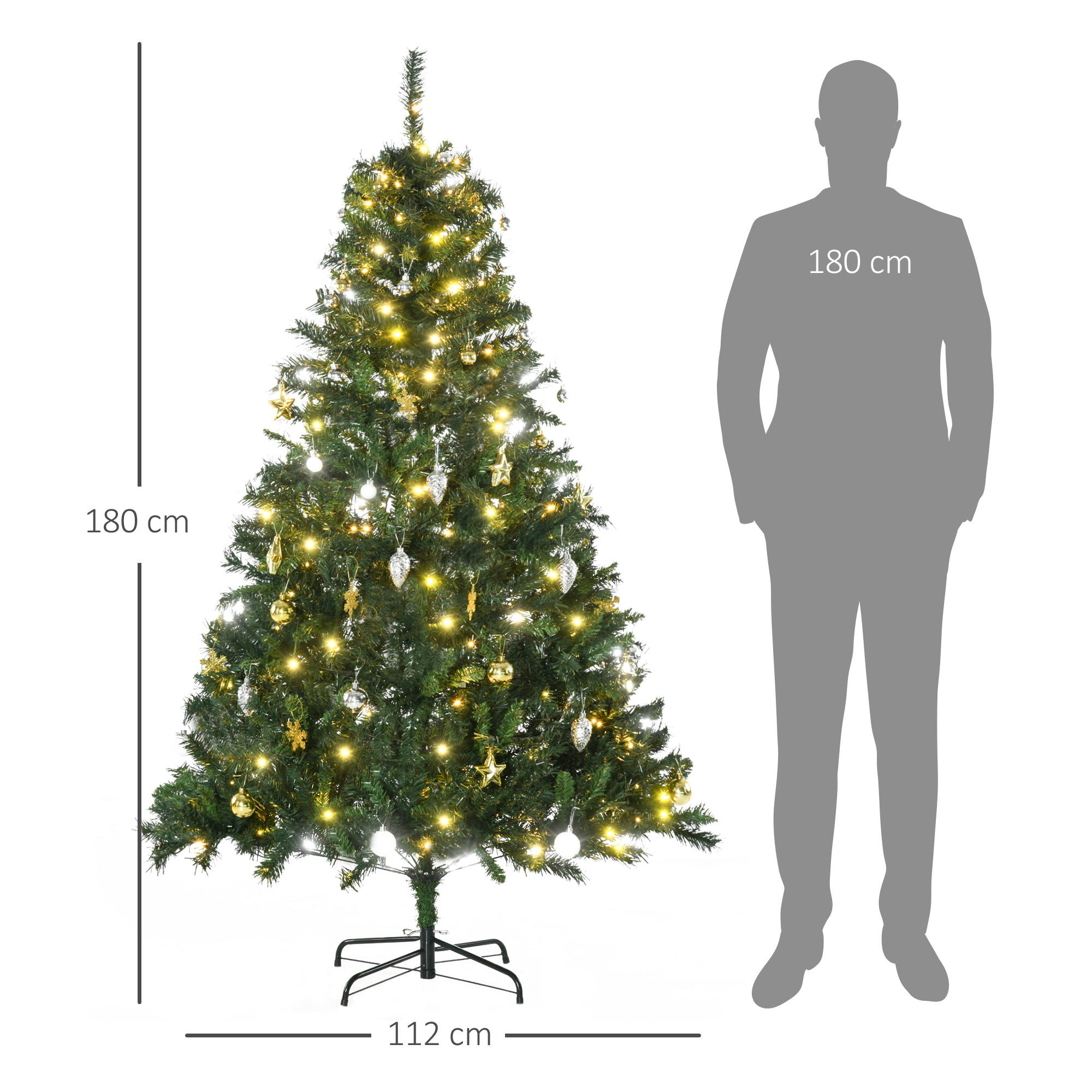 Kunstlik jõulupuu LED-valgustuse ja kuulidega, 180 cm, roheline