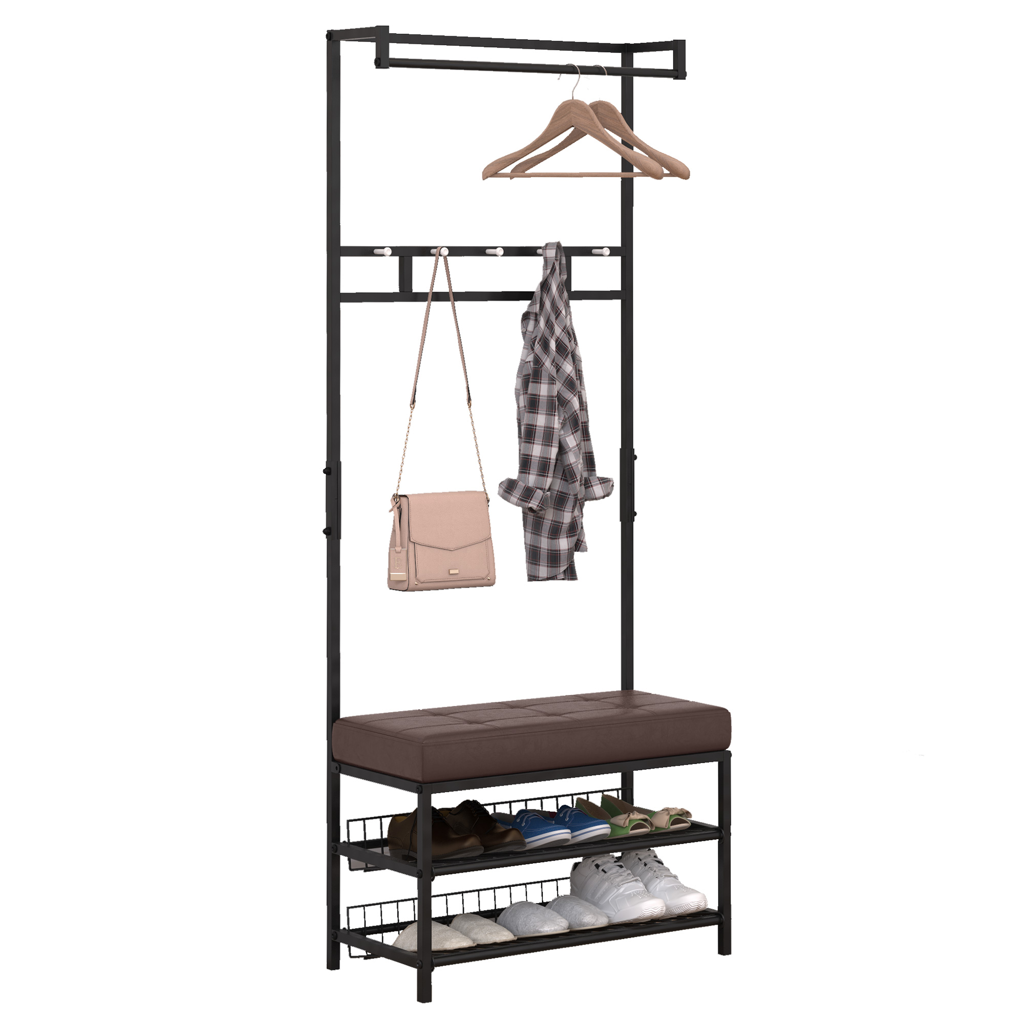 Esikukapp riidestange ja jalanõupingiga, metall, must ja pruun, 72,5 x 35 x 180 cm
