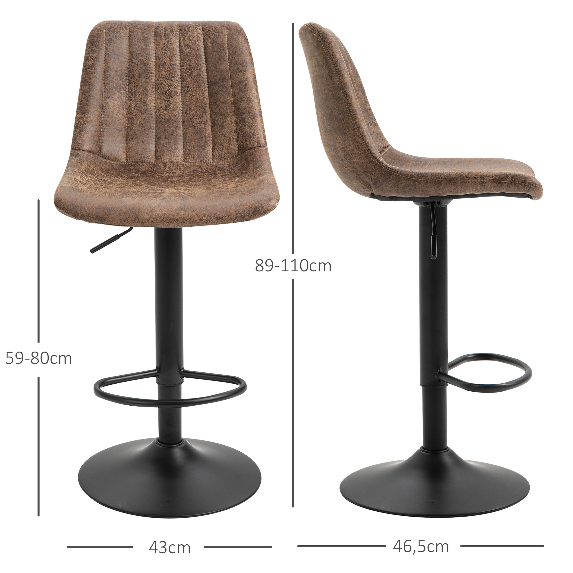 2 tk retro stiilis baaritooli komplekt, pruun + must, reguleeritav kõrgus, jalatoega