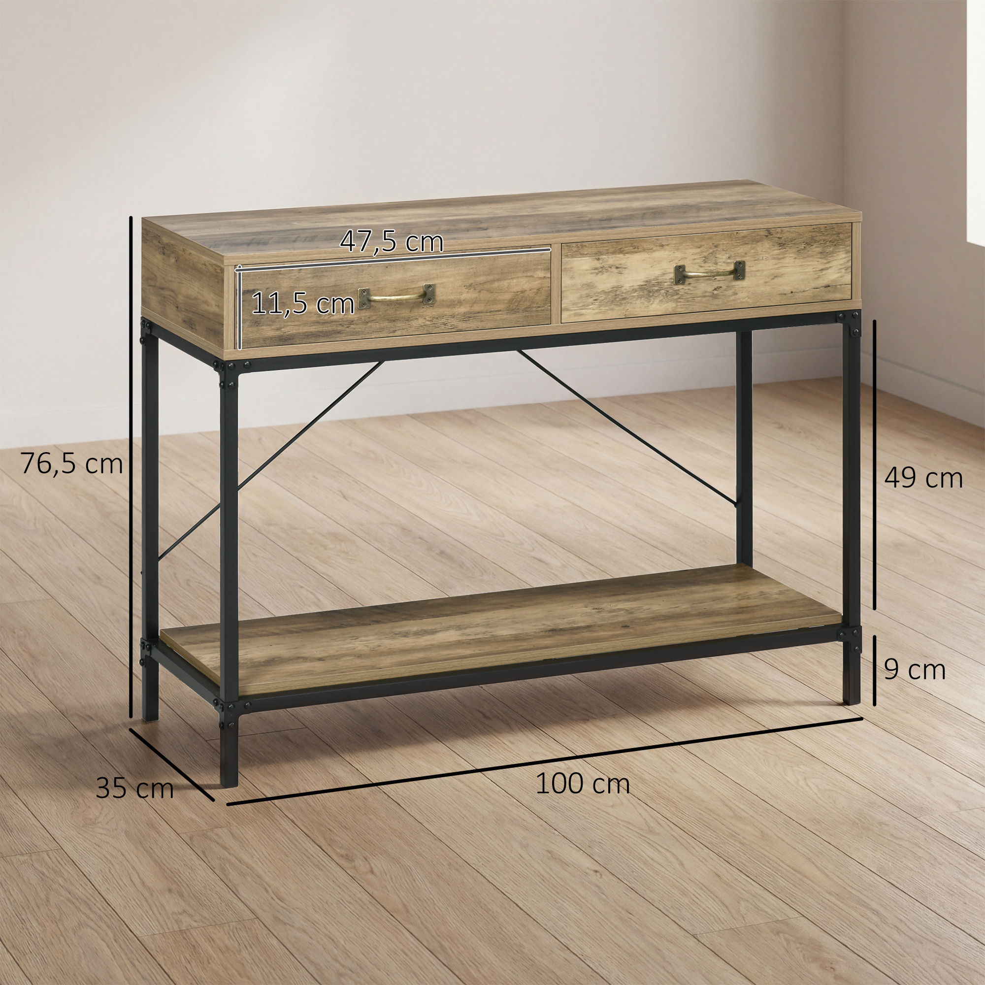Konsolilaud esikusse, riiuli ja 2 sahtliga, 100 x 35 x 76,5 cm, pruun+must