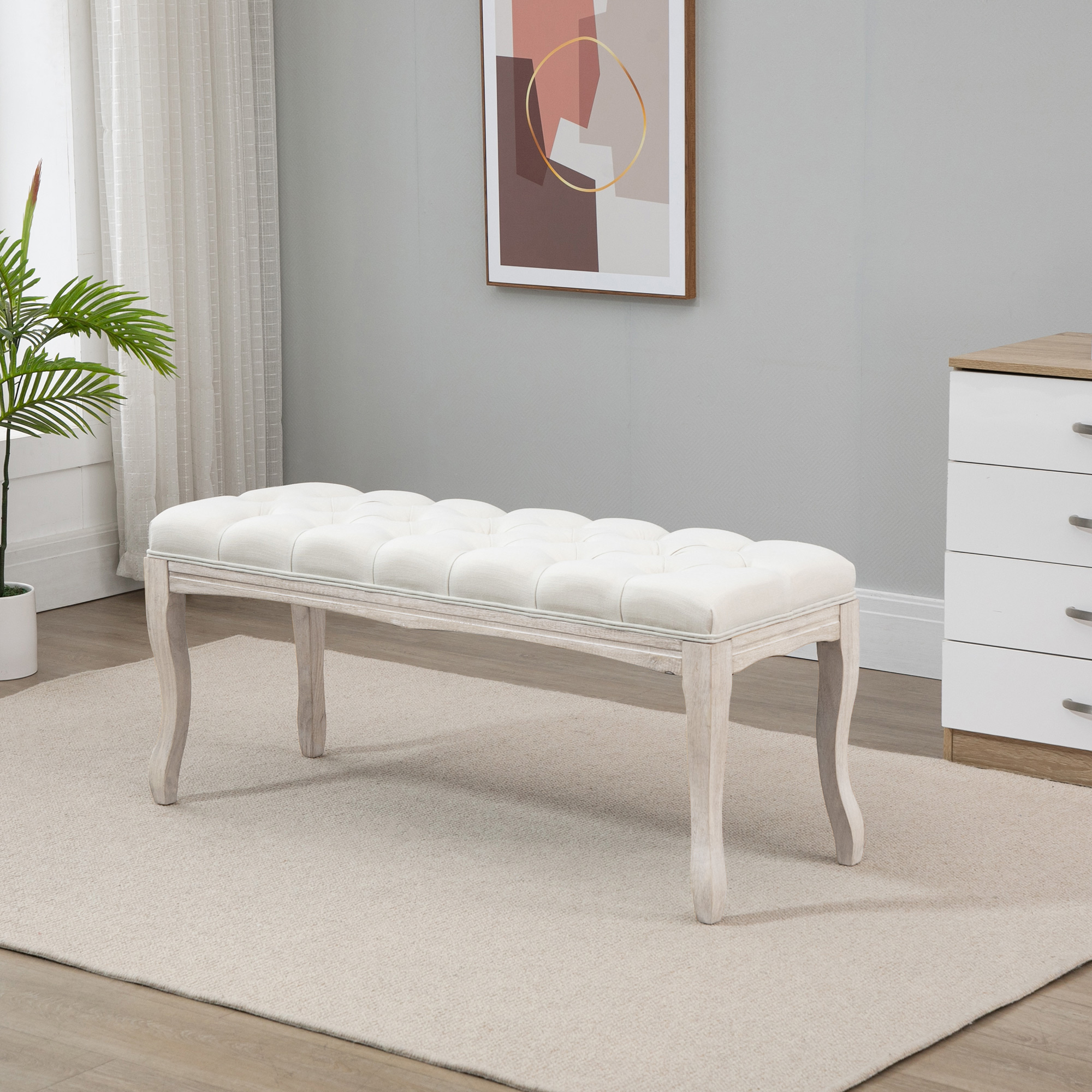 Polsterdatud pink linase katte ja puitraamiga, beež, 110 x 40 x 48 cm