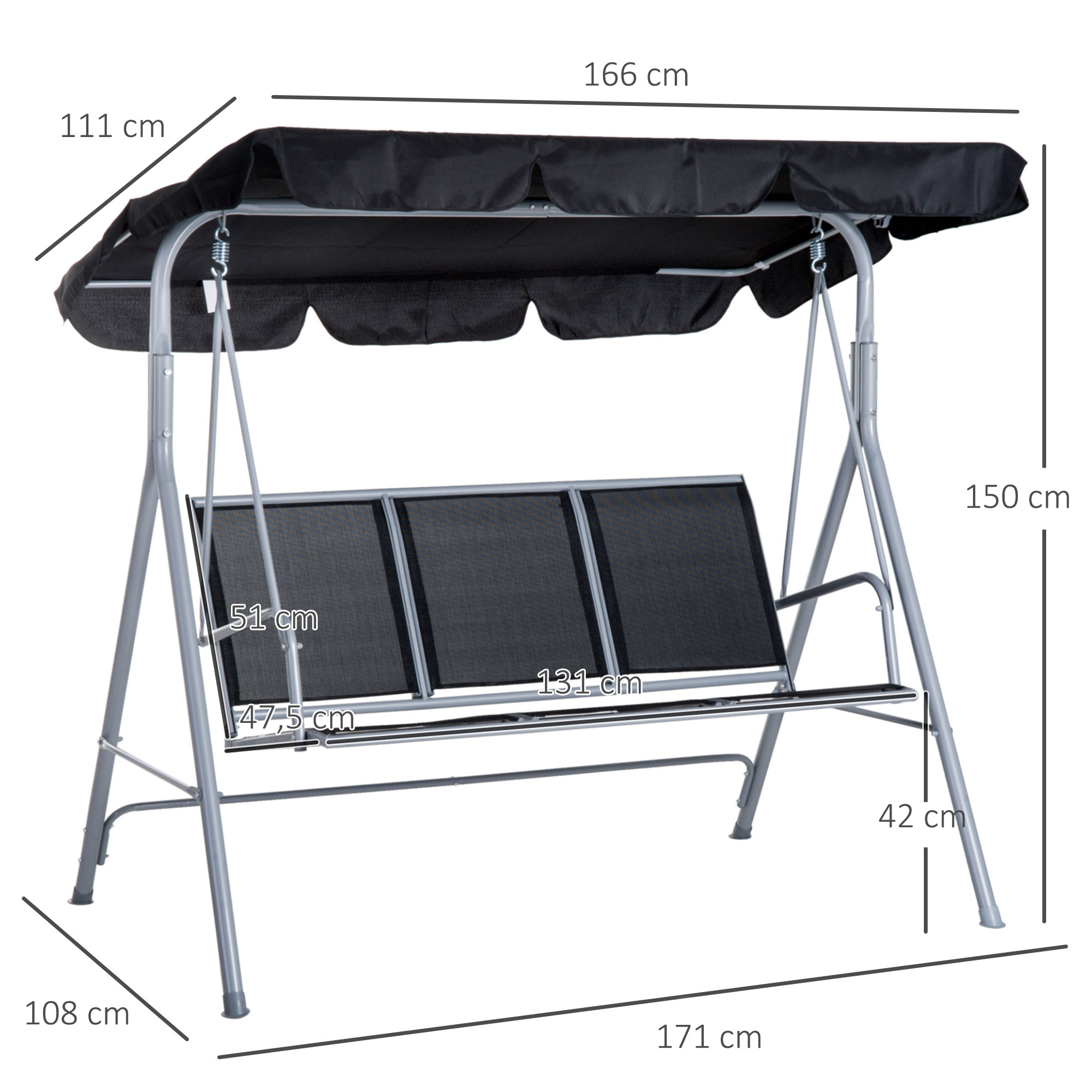Aia kiik varikatusega, 171 x 108 x 154 cm, must/hall