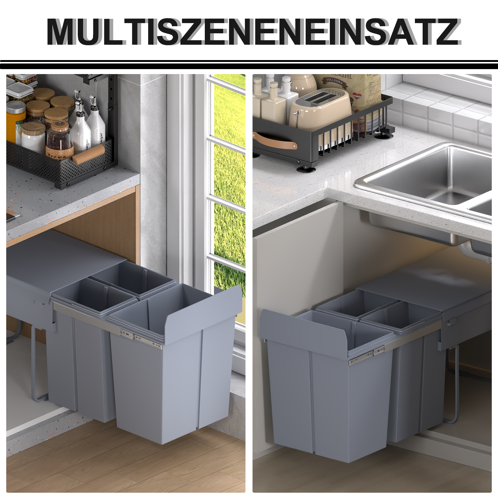 Sisseehitatav prügikastide komplekt 3 anumaga, hall, 40 l, 48 x 34,2 x 41,8 cm