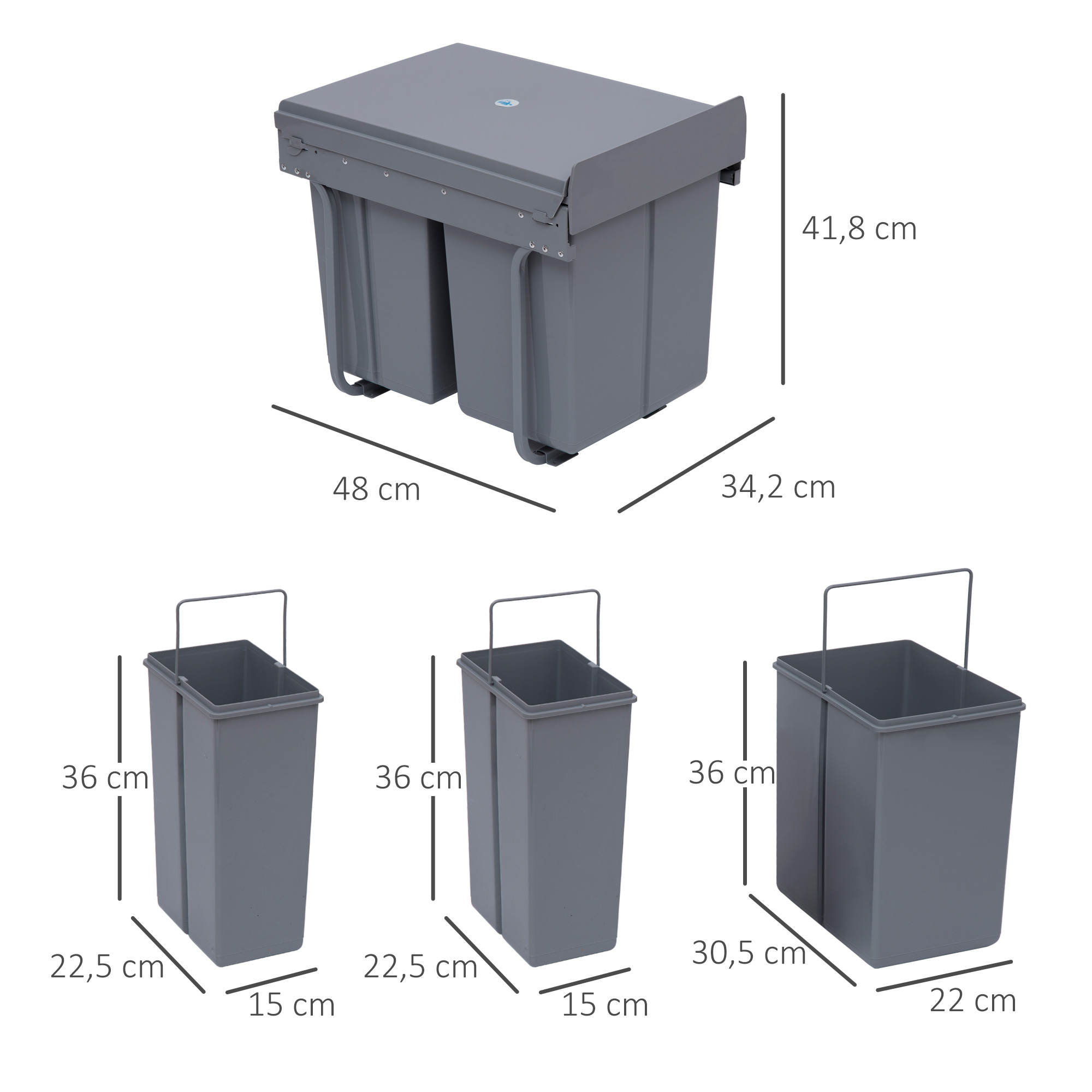 Sisseehitatav prügikastide komplekt 3 anumaga, hall, 40 l, 48 x 34,2 x 41,8 cm