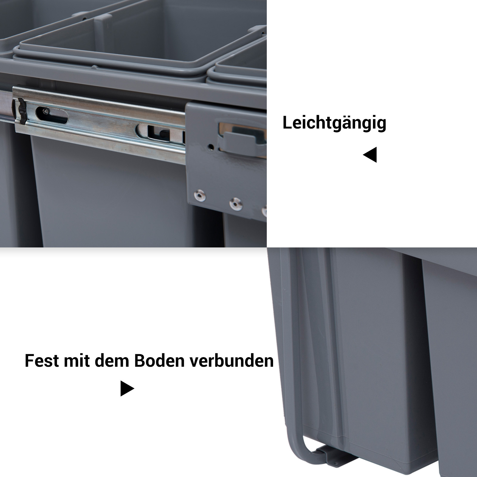 Sisseehitatav prügikastide komplekt 3 anumaga, hall, 40 l, 48 x 34,2 x 41,8 cm