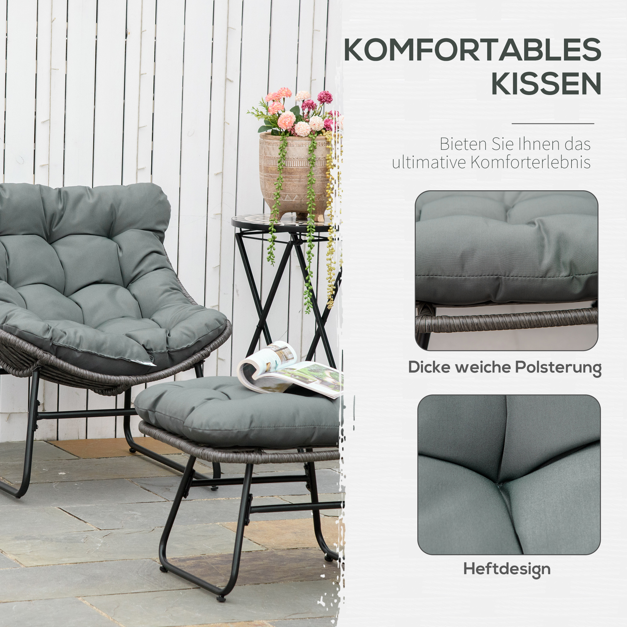Rotangmööbli komplekt jalatoega, hall, 2-osaline, 69 x 76 x 70 cm