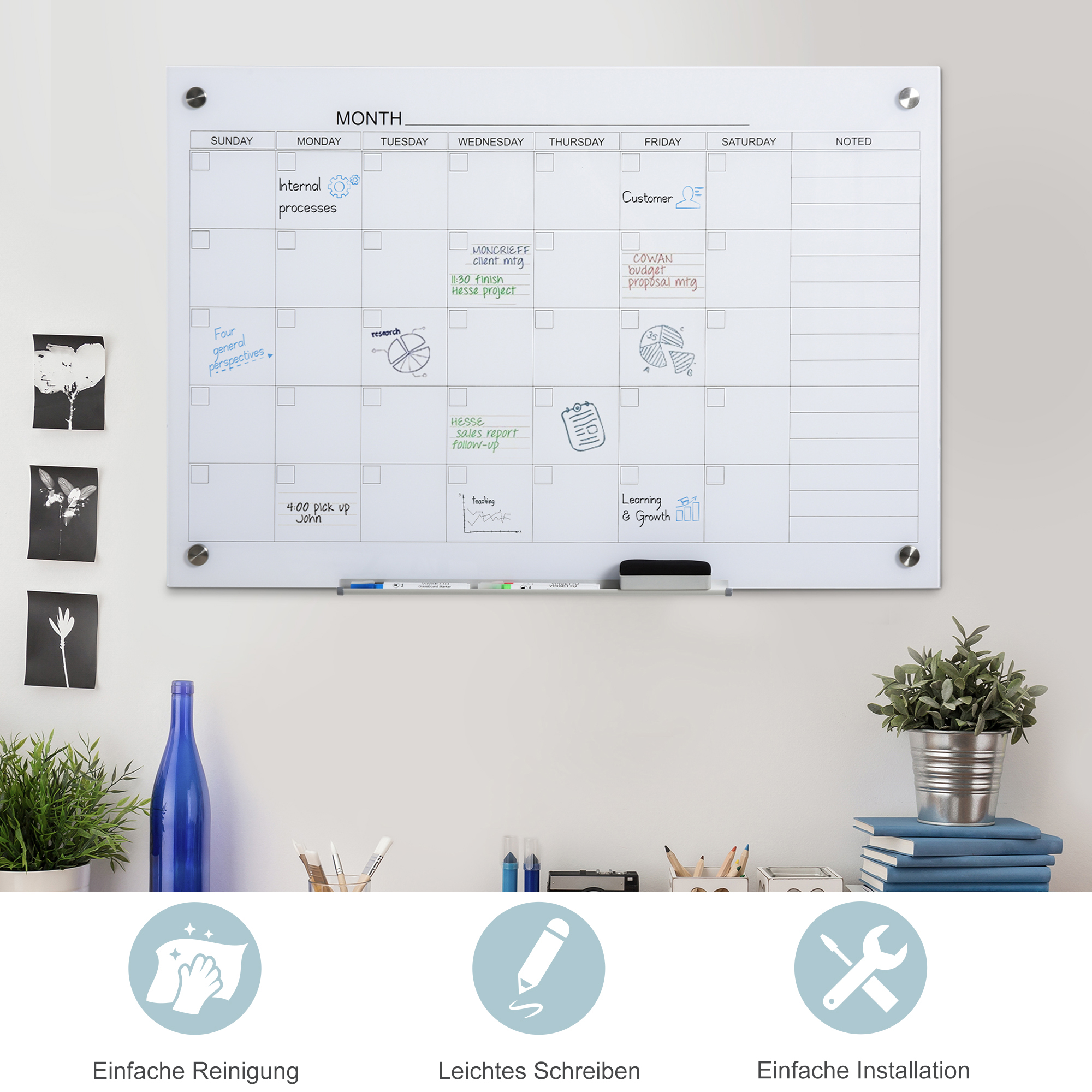 Stiklist kalendritahvel, valge, 90 x 60 cm, 6-osaline komplekt
