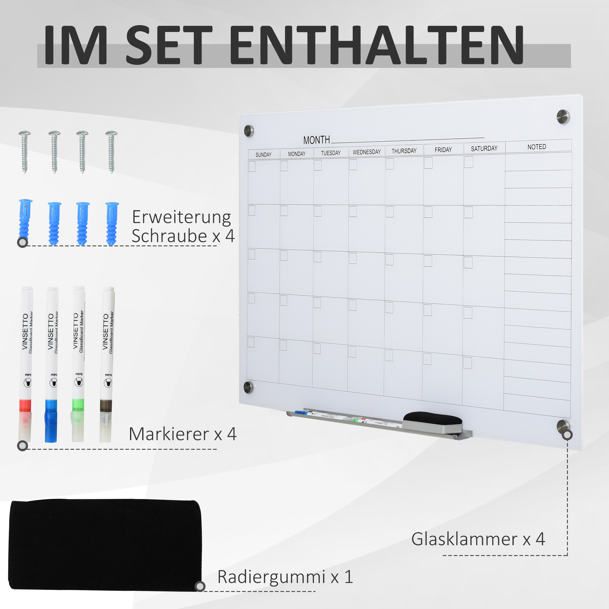 Stiklist kalendritahvel, valge, 90 x 60 cm, 6-osaline komplekt
