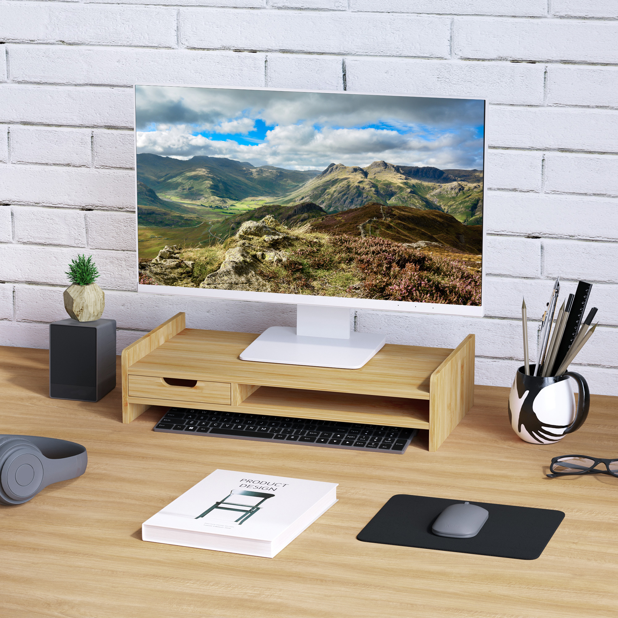 Monitori alus sahtliga, bambus, naturaalne värv, 49 x 25,5 x 11,5 cm