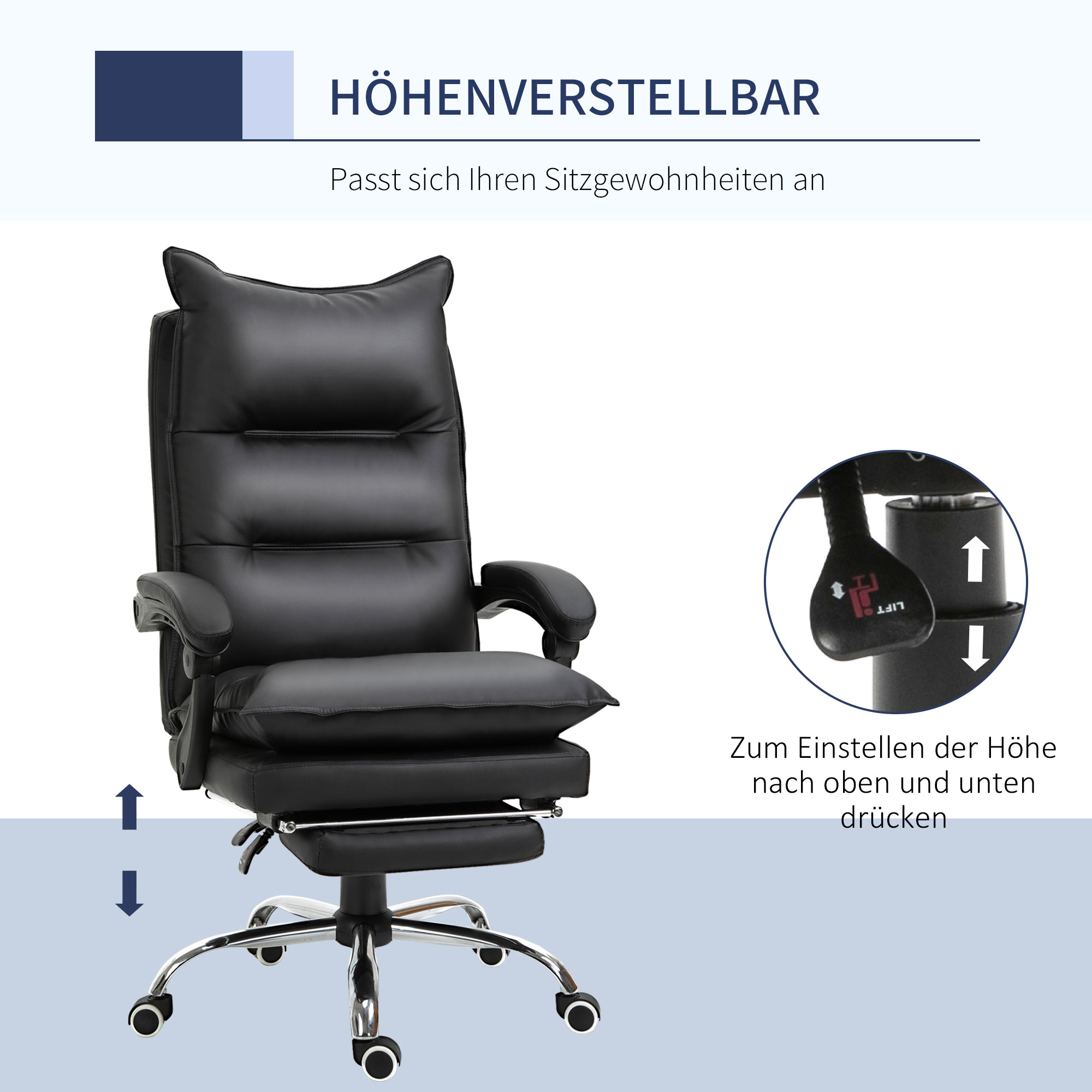 Kontoritool käetugede ja jalatoega, must, kunstnahk, 66 x 72 x 122-130 cm