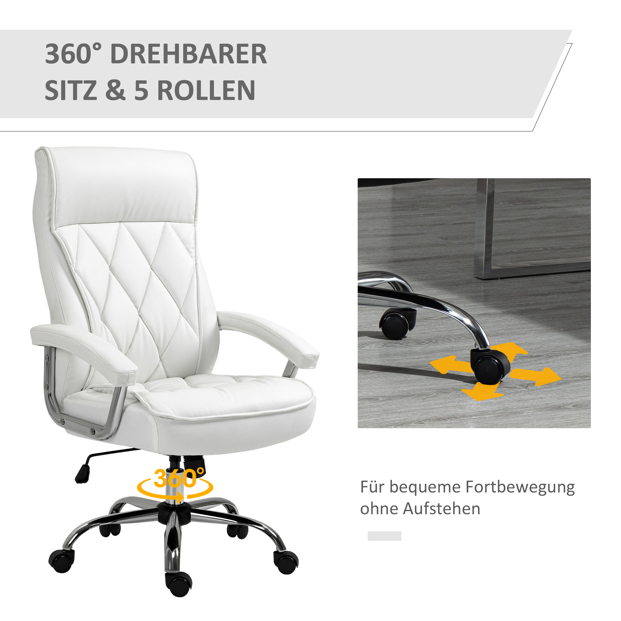 Kontoritool, ergonoomiline töötool, reguleeritava kõrgusega kiikfunktsiooniga pöördtool, rombmuster, kunstnahk, valge