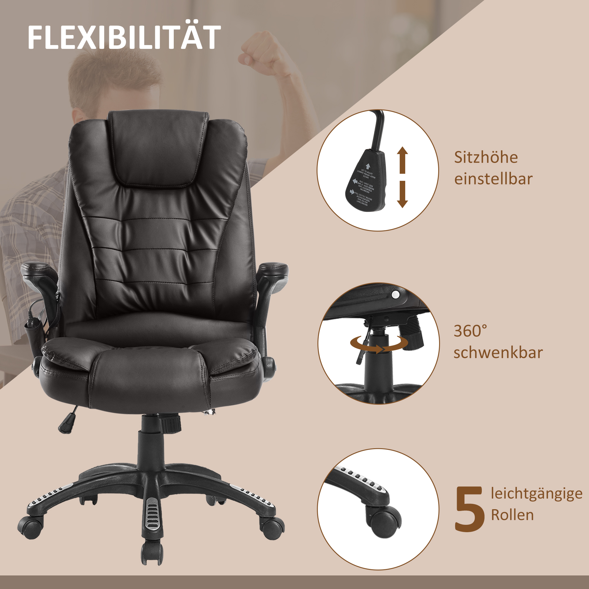 Massažifunktsiooniga bürootool, soojendusfunktsiooniga, 360° pöörlev, pruun, 62 x 68 x 111-121 cm