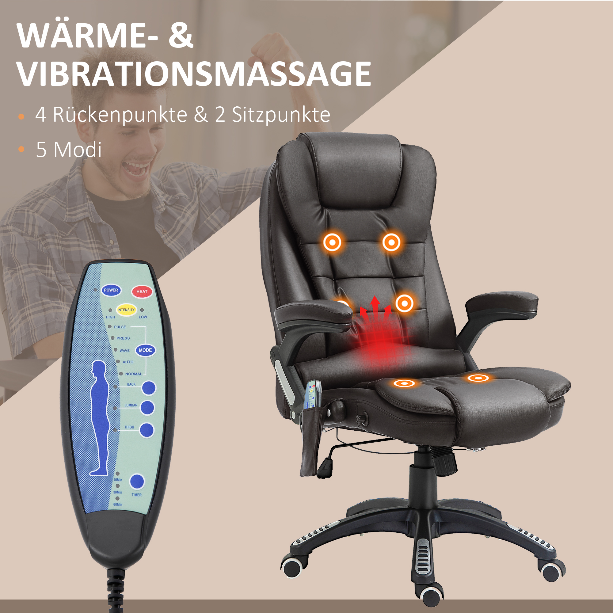 Massažifunktsiooniga bürootool, soojendusfunktsiooniga, 360° pöörlev, pruun, 62 x 68 x 111-121 cm