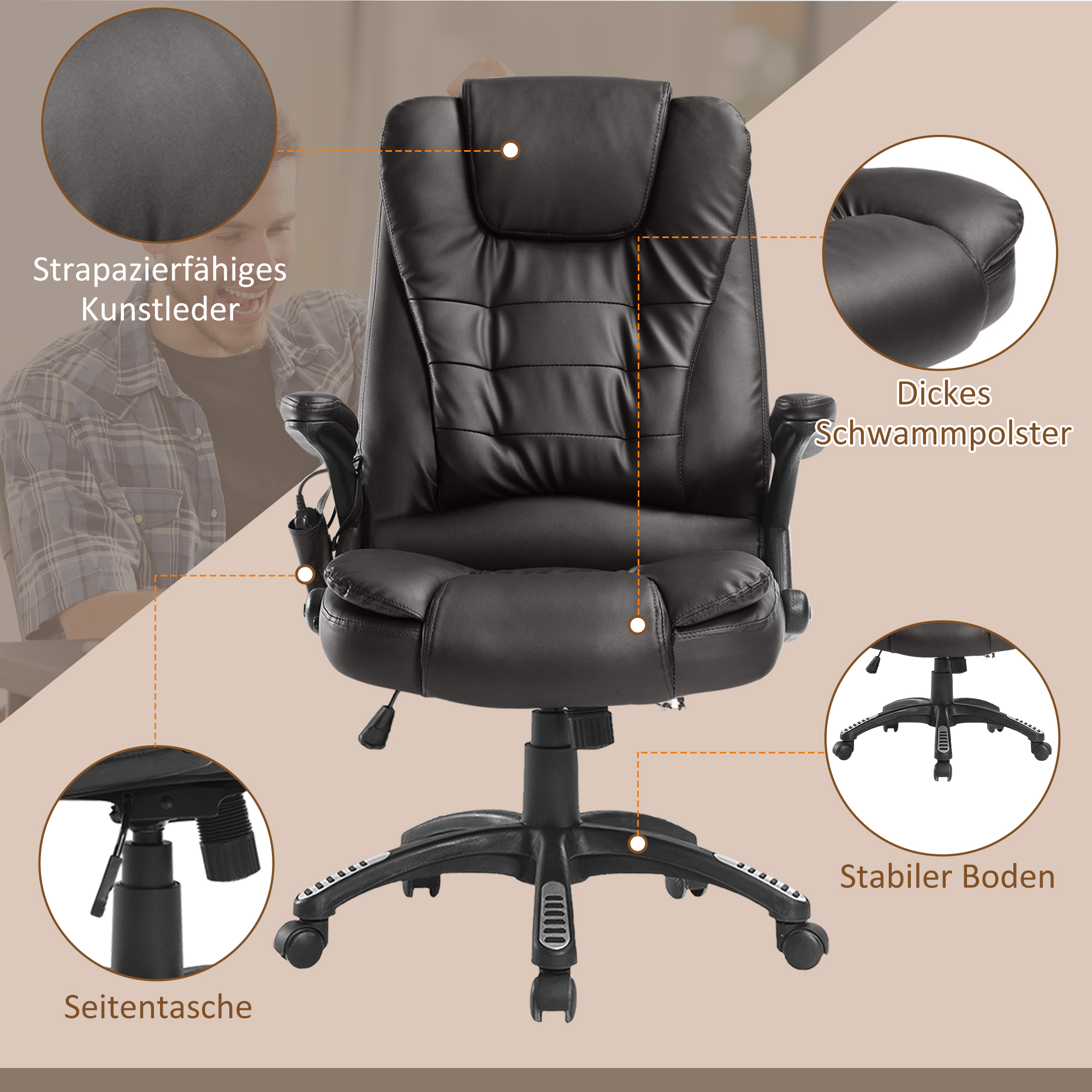 Massažifunktsiooniga bürootool, soojendusfunktsiooniga, 360° pöörlev, pruun, 62 x 68 x 111-121 cm