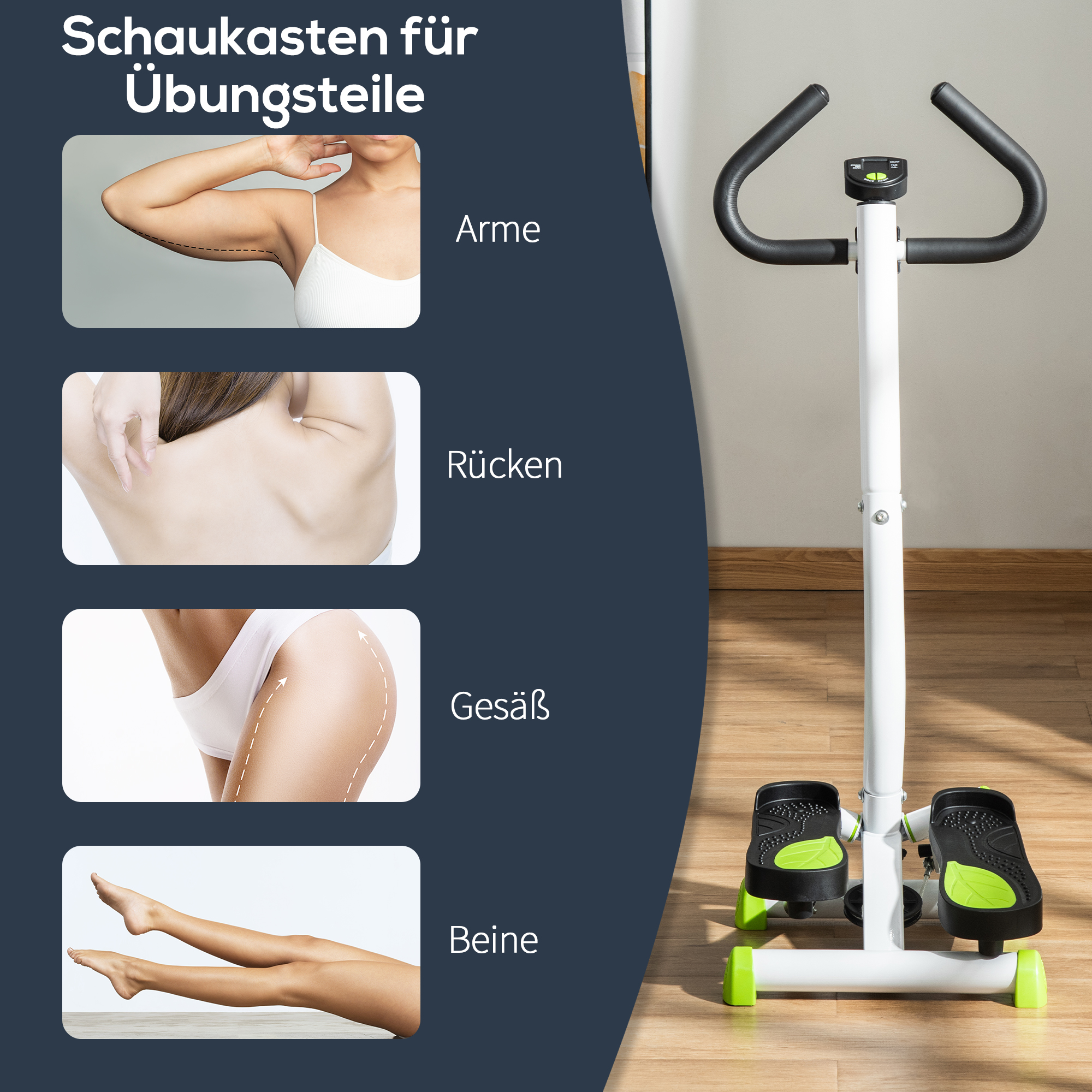 Mini stepper, LCD-ekraan, libisemisvastased pedaalid, teras ja ABS, 55 x 44 x 108 cm, roheline + must