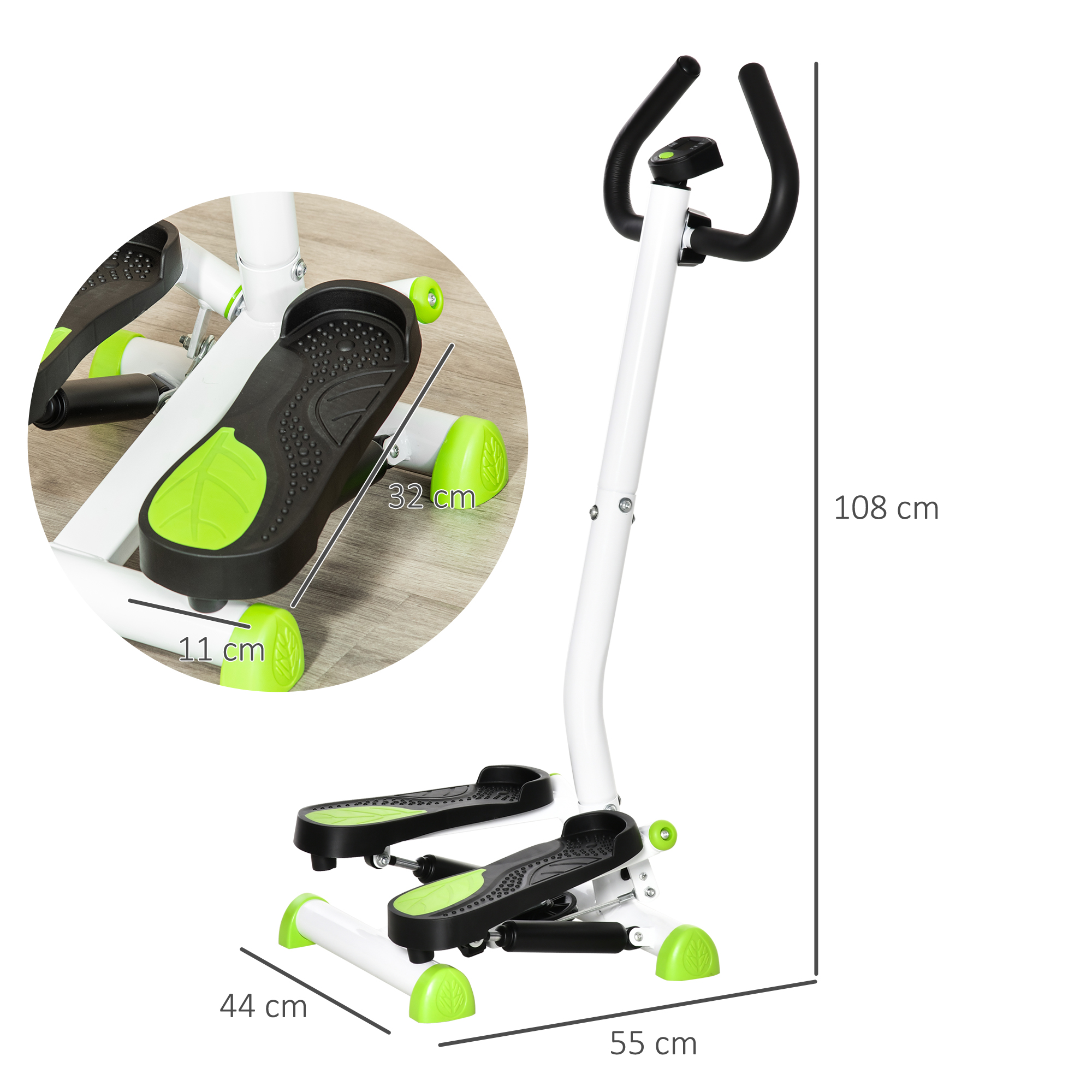 Mini stepper, LCD-ekraan, libisemisvastased pedaalid, teras ja ABS, 55 x 44 x 108 cm, roheline + must