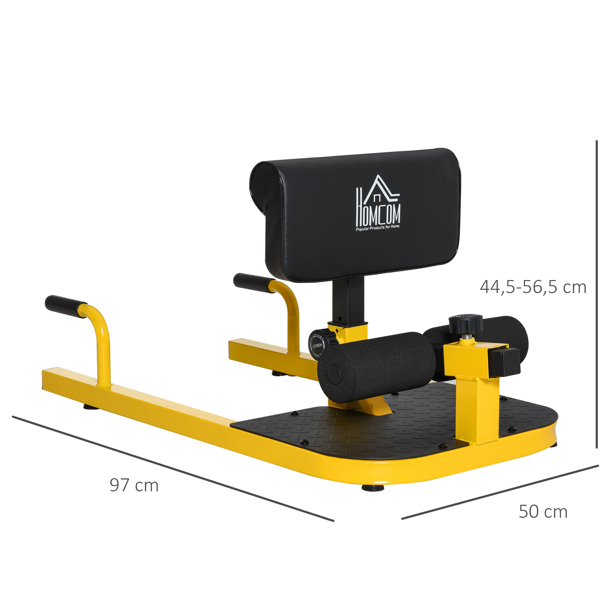 Sissy squat treeningpink 3 in 1, kollane ja must, teras, 50 x 97 x 44,5-56,5 cm, kuni 120 kg