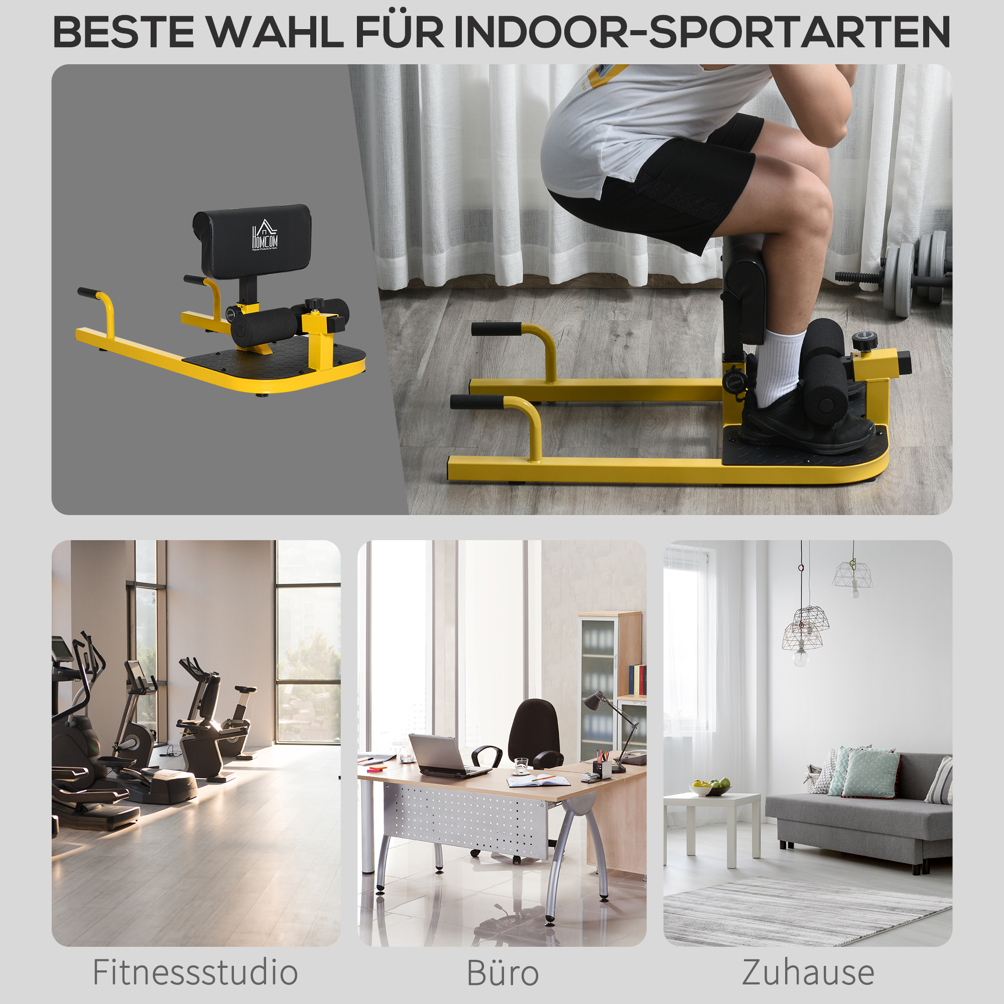 Sissy squat treeningpink 3 in 1, kollane ja must, teras, 50 x 97 x 44,5-56,5 cm, kuni 120 kg