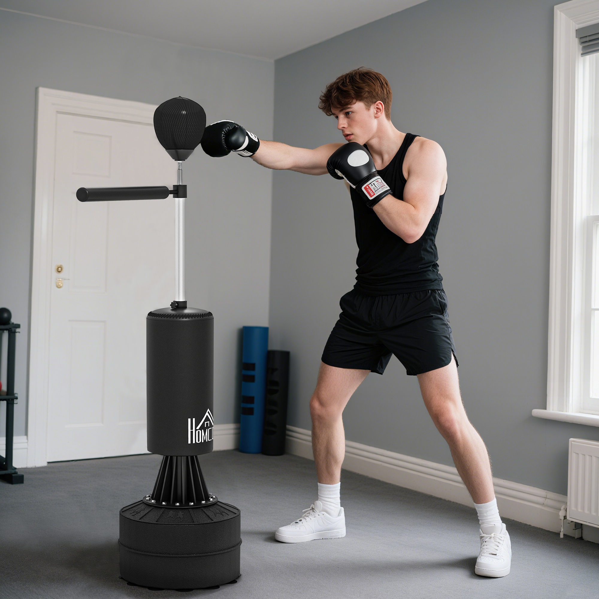 Seisva poksikott speedballi ja pöördtangiga, reguleeritav kõrgus 155-205 cm, must