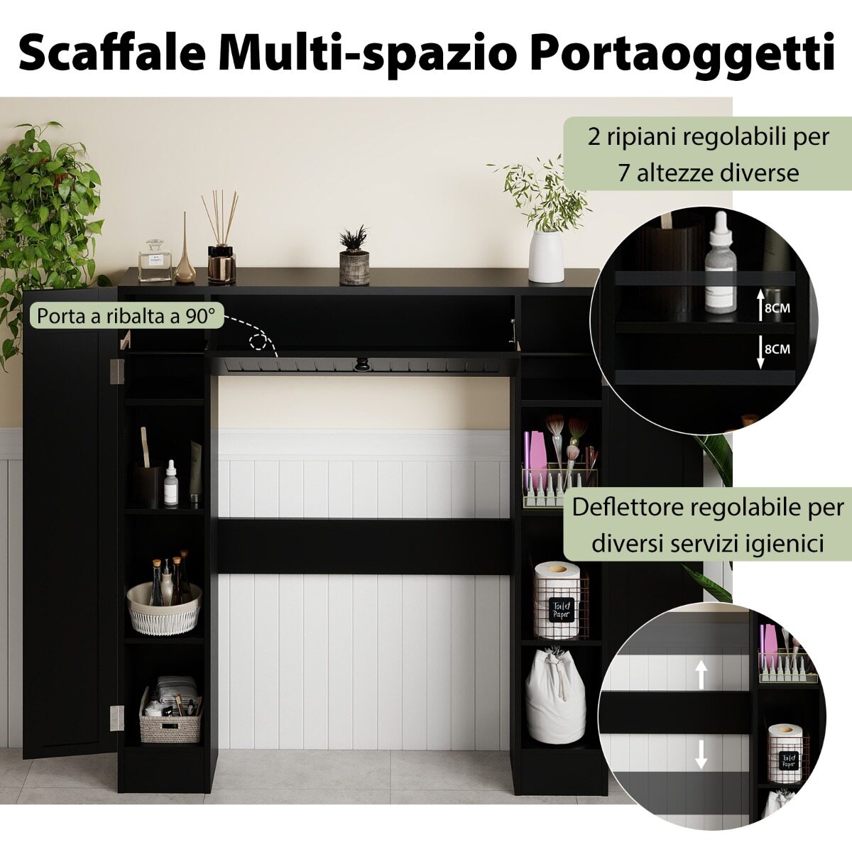 WC kohal kapp reguleeritavate riiulite ja tualettpaberi hoidjaga, must