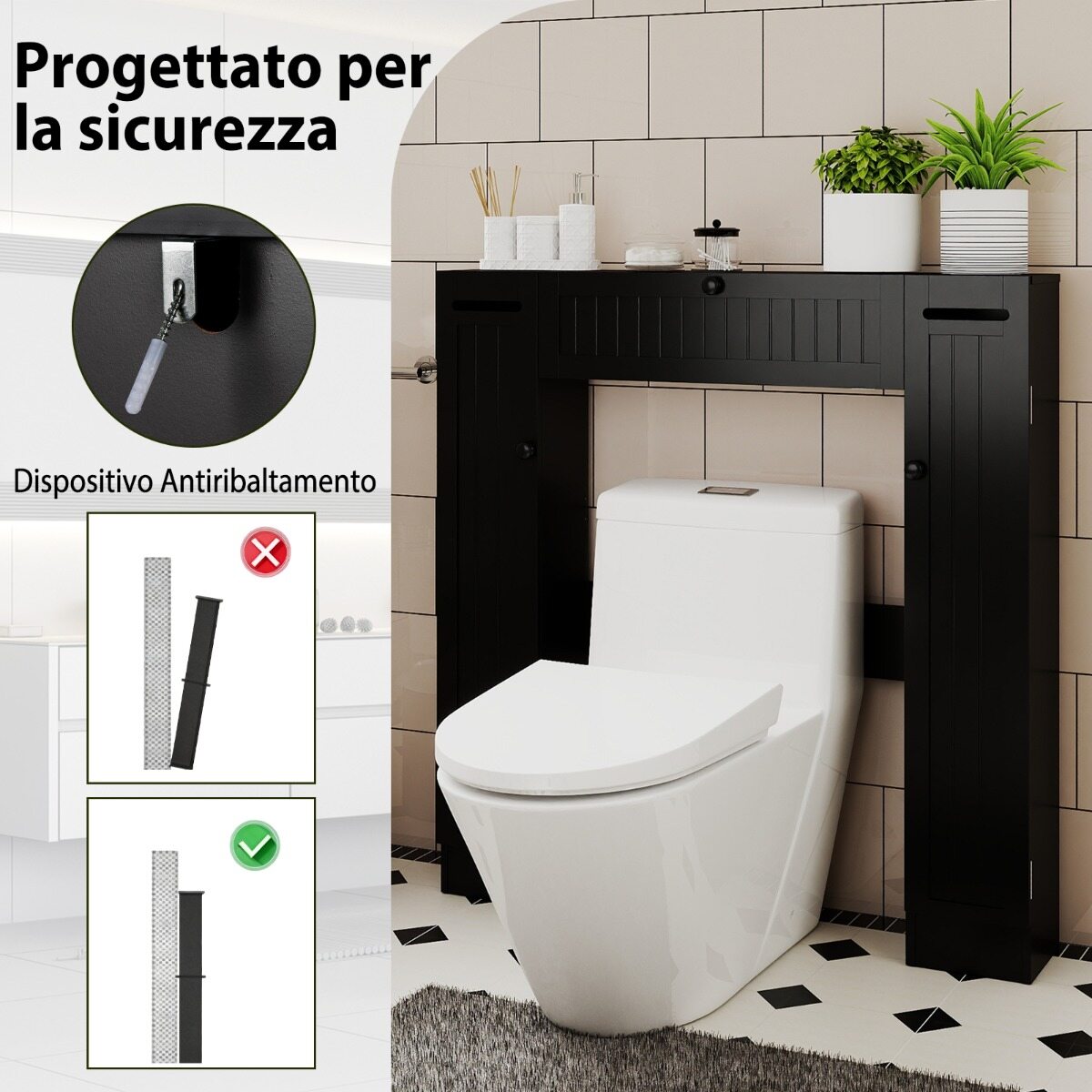 WC kohal kapp reguleeritavate riiulite ja tualettpaberi hoidjaga, must